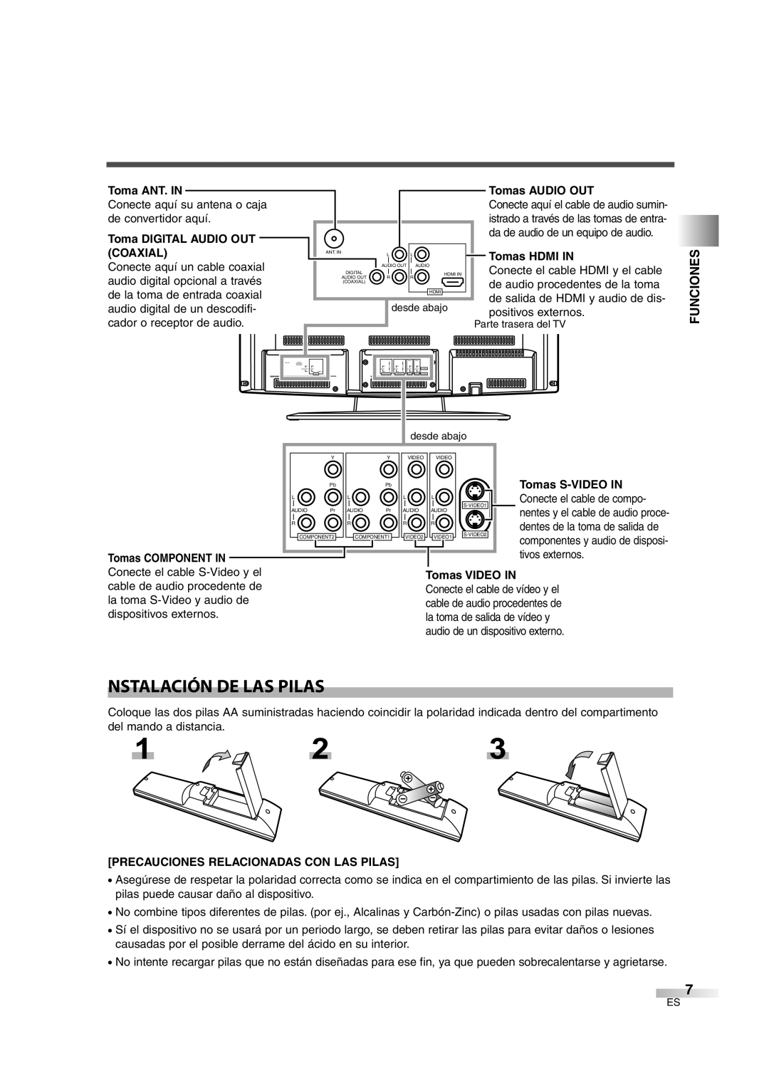 Sylvania 6626LG owner manual Nstalación DE LAS Pilas, Funciones, Precauciones Relacionadas CON LAS Pilas 