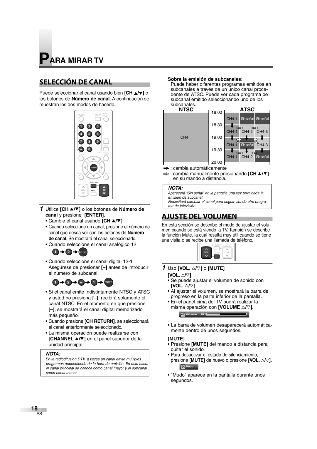 Sylvania 6626LG owner manual Para Mirar TV Selección DE Canal, Ajuste DEL Volumen, Sobre la emisión de subcanales 