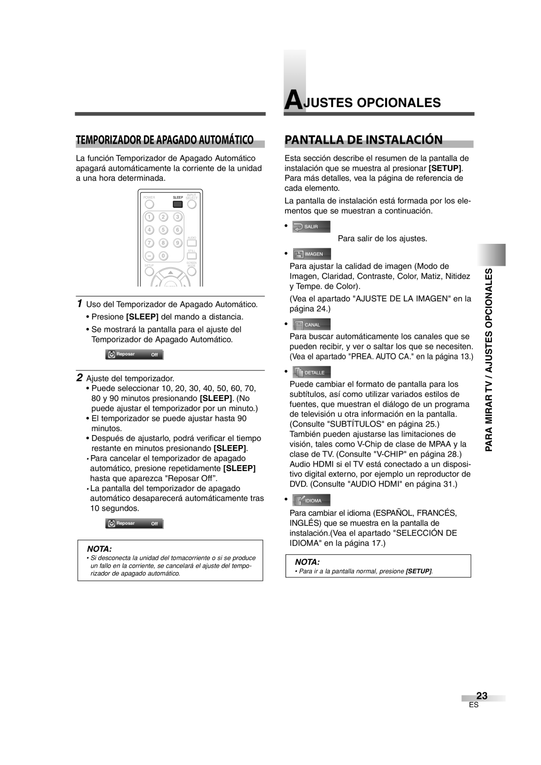 Sylvania 6626LG Ajustes Opcionales Pantalla DE Instalación, Para Mirar TV / Ajustes Opcionales, Ajuste del temporizador 