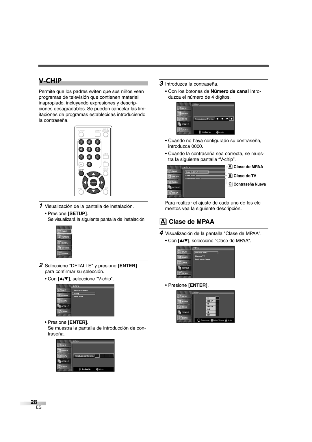 Sylvania 6626LG owner manual Clase de Mpaa, Chipip Introduzca contrasena 