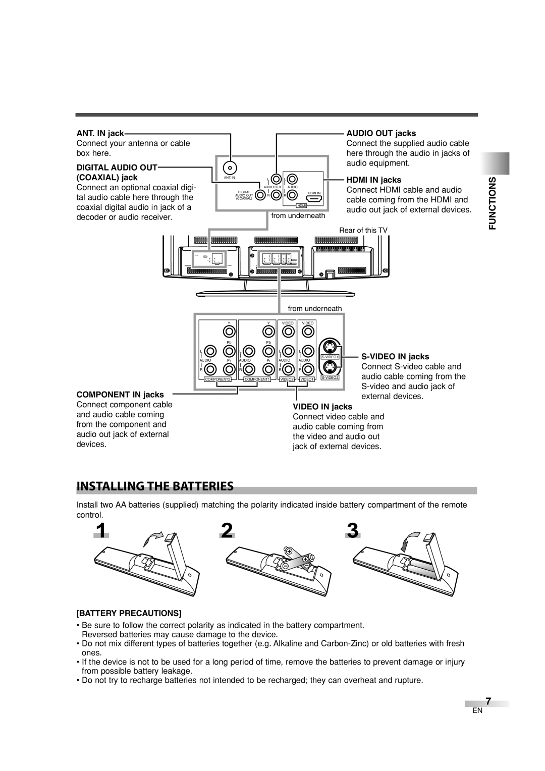 Sylvania 6626LG owner manual Installing the Batteries, Functions, Battery Precautions 