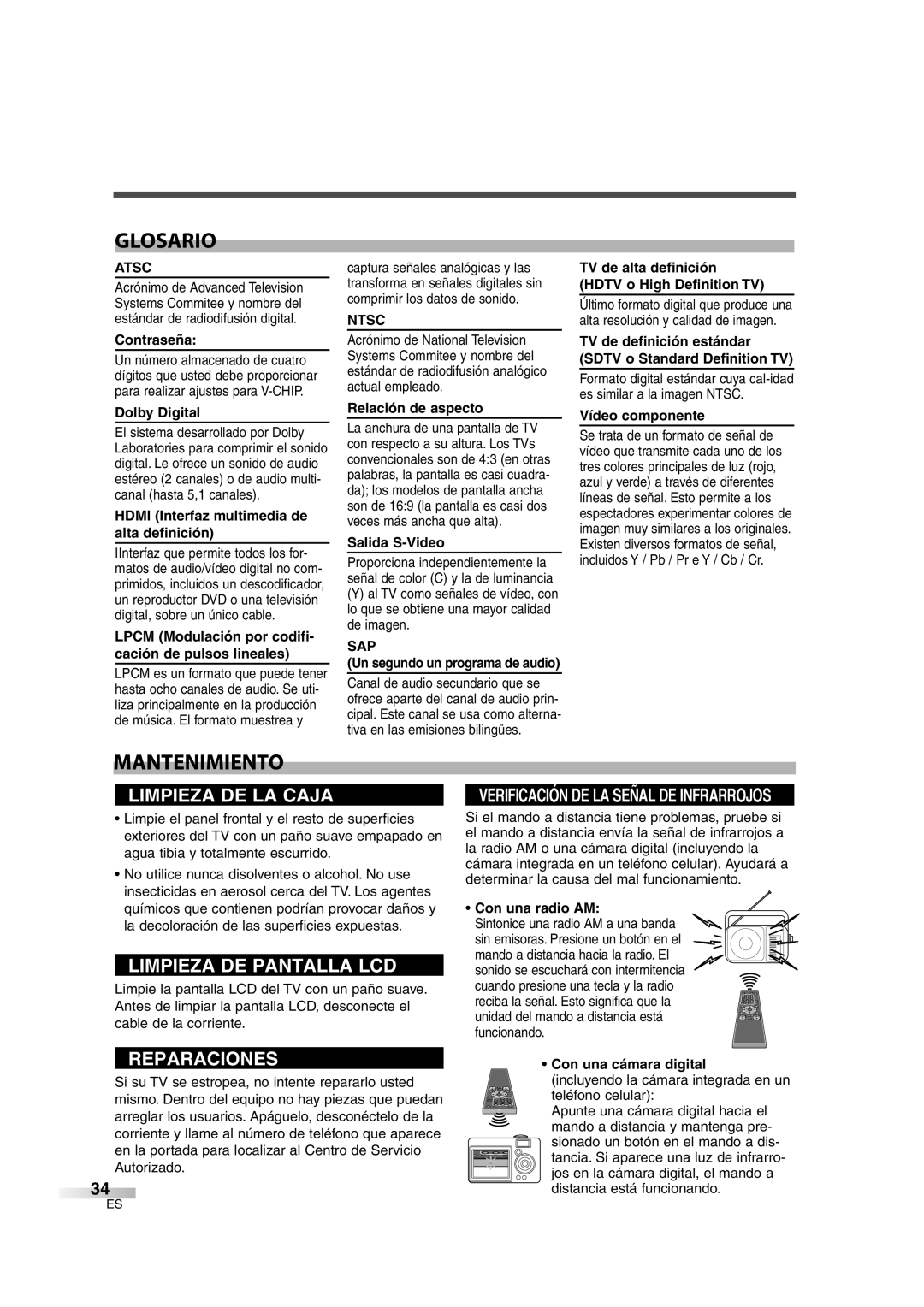 Sylvania 6626LG owner manual Glosario, Mantenimiento 