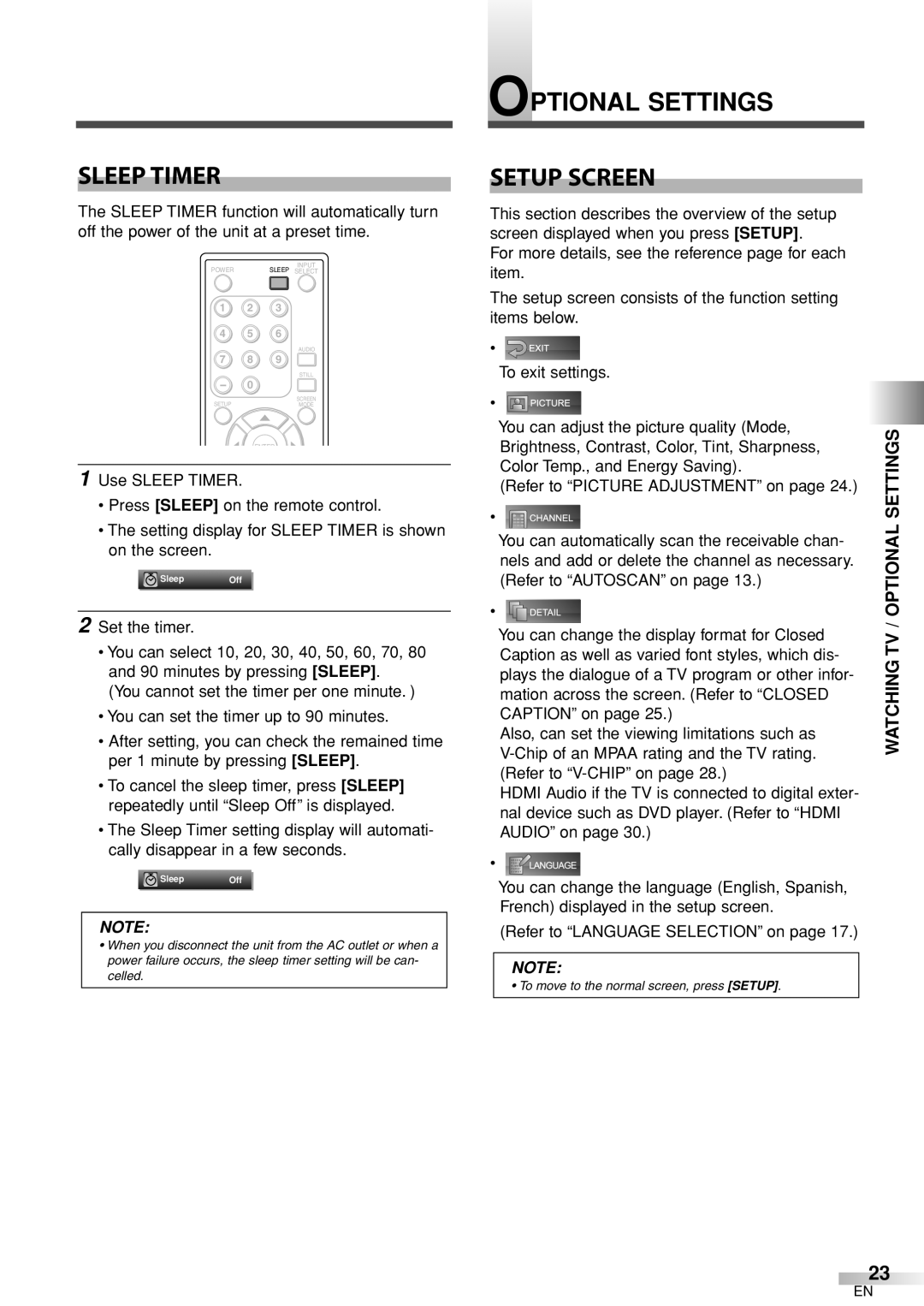 Sylvania 6632LCT owner manual Sleep Timer, Optional Settings Setup Screen, Watching TV / Optional Settings 