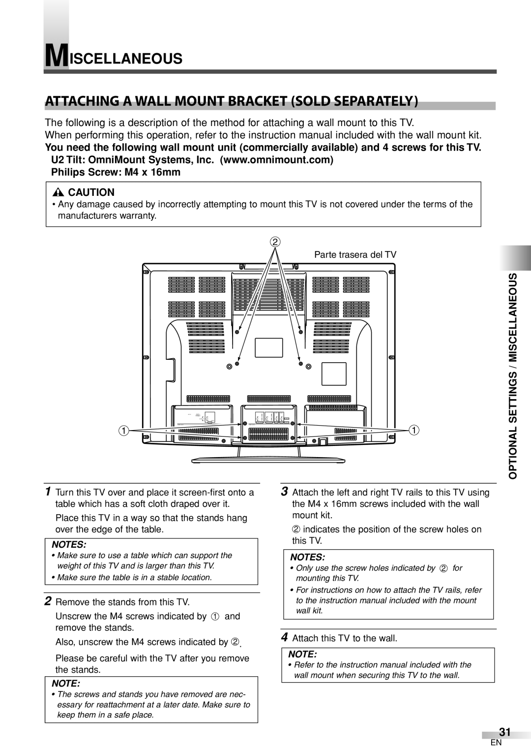 Sylvania 6632LCT owner manual # Caution, Optional Settings / Miscellaneous, Attach this TV to the wall 