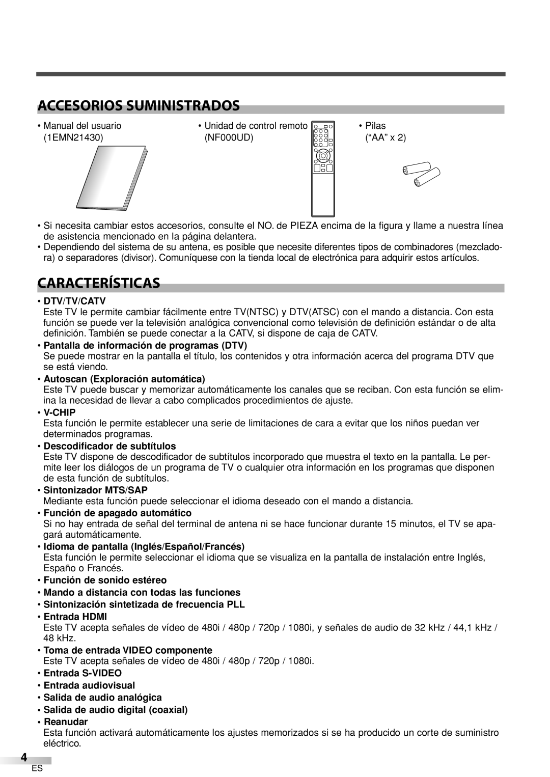 Sylvania 6632LCT owner manual Accesorios Suministrados, Características 