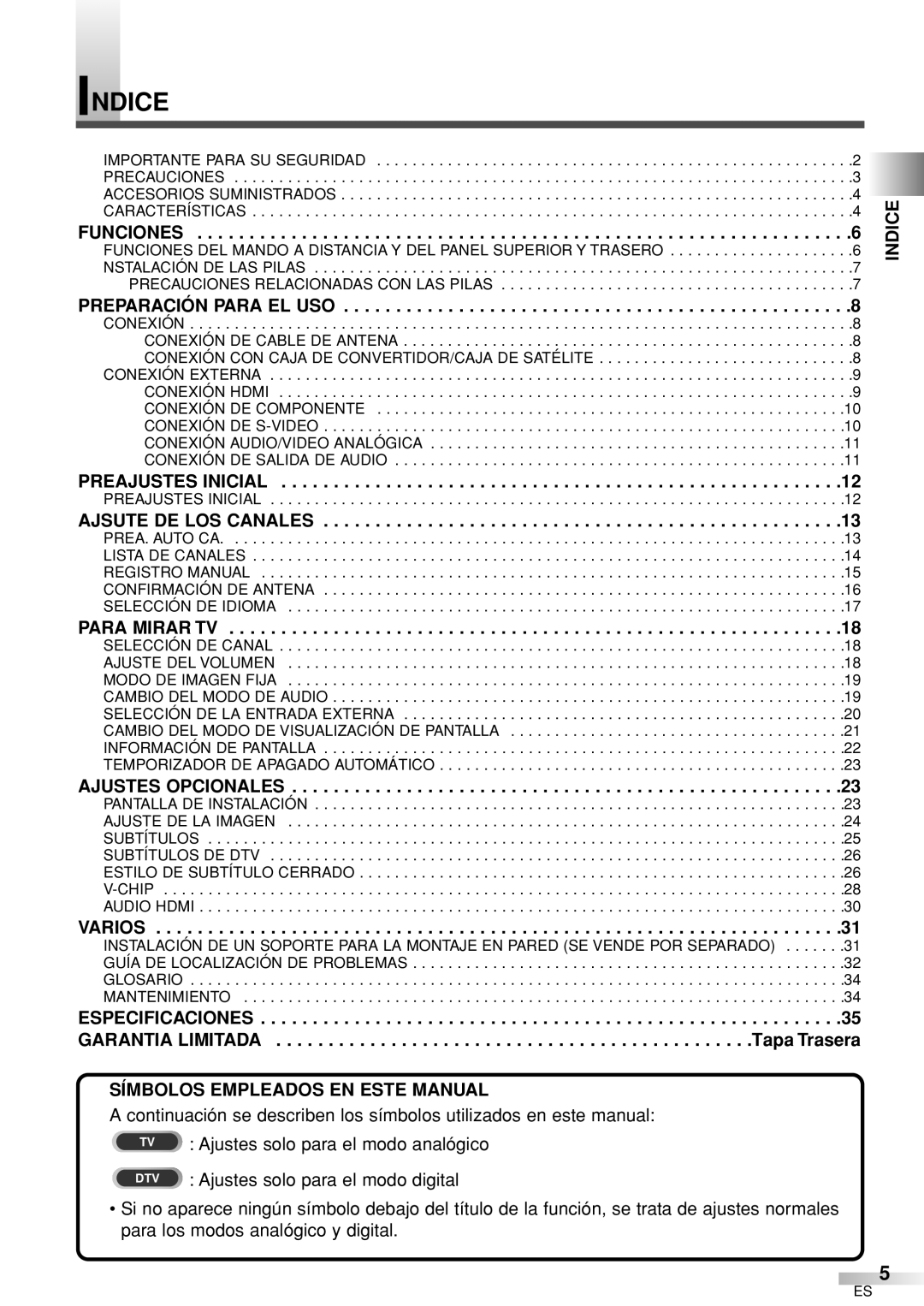 Sylvania 6632LCT owner manual Indice, Garantia Limitada, Símbolos Empleados EN Este Manual, Especificaciones 