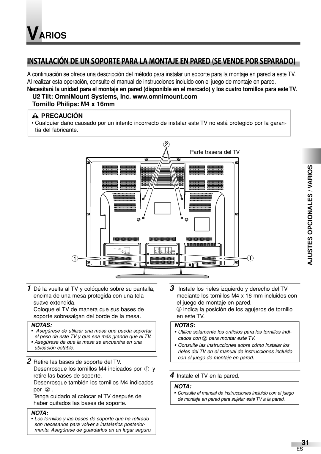 Sylvania 6632LCT owner manual # Precaución, Ajustes Opcionales / Varios, Instale el TV en la pared 