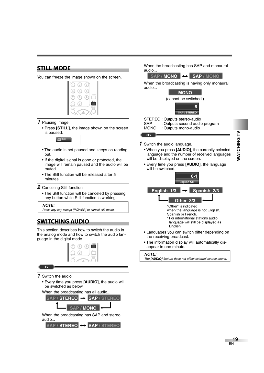 Sylvania 6632LG owner manual Still Mode, Switching Audio 