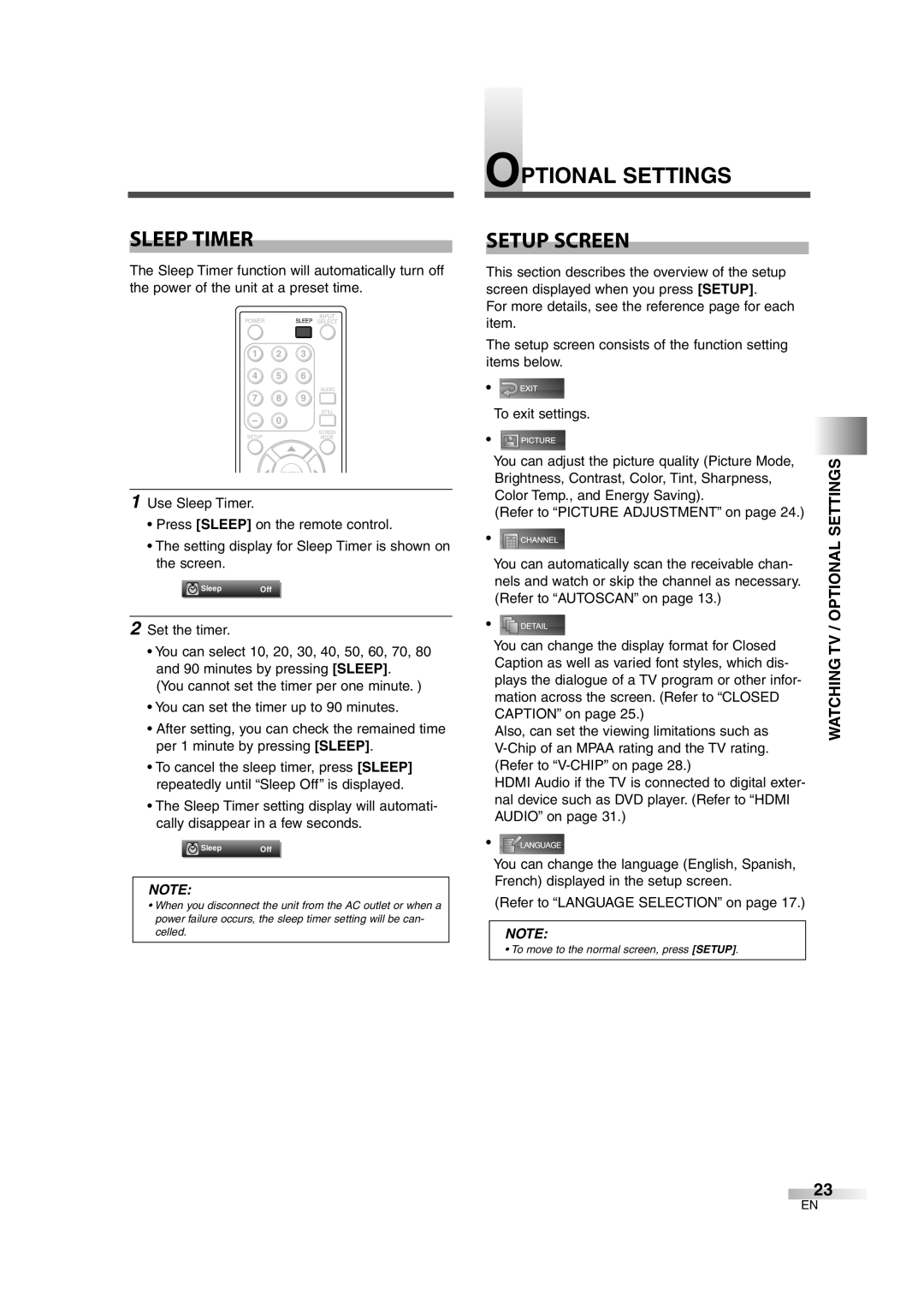 Sylvania 6632LG owner manual Sleep Timer, Optional Settings Setup Screen, Watching TV / Optional Settings 