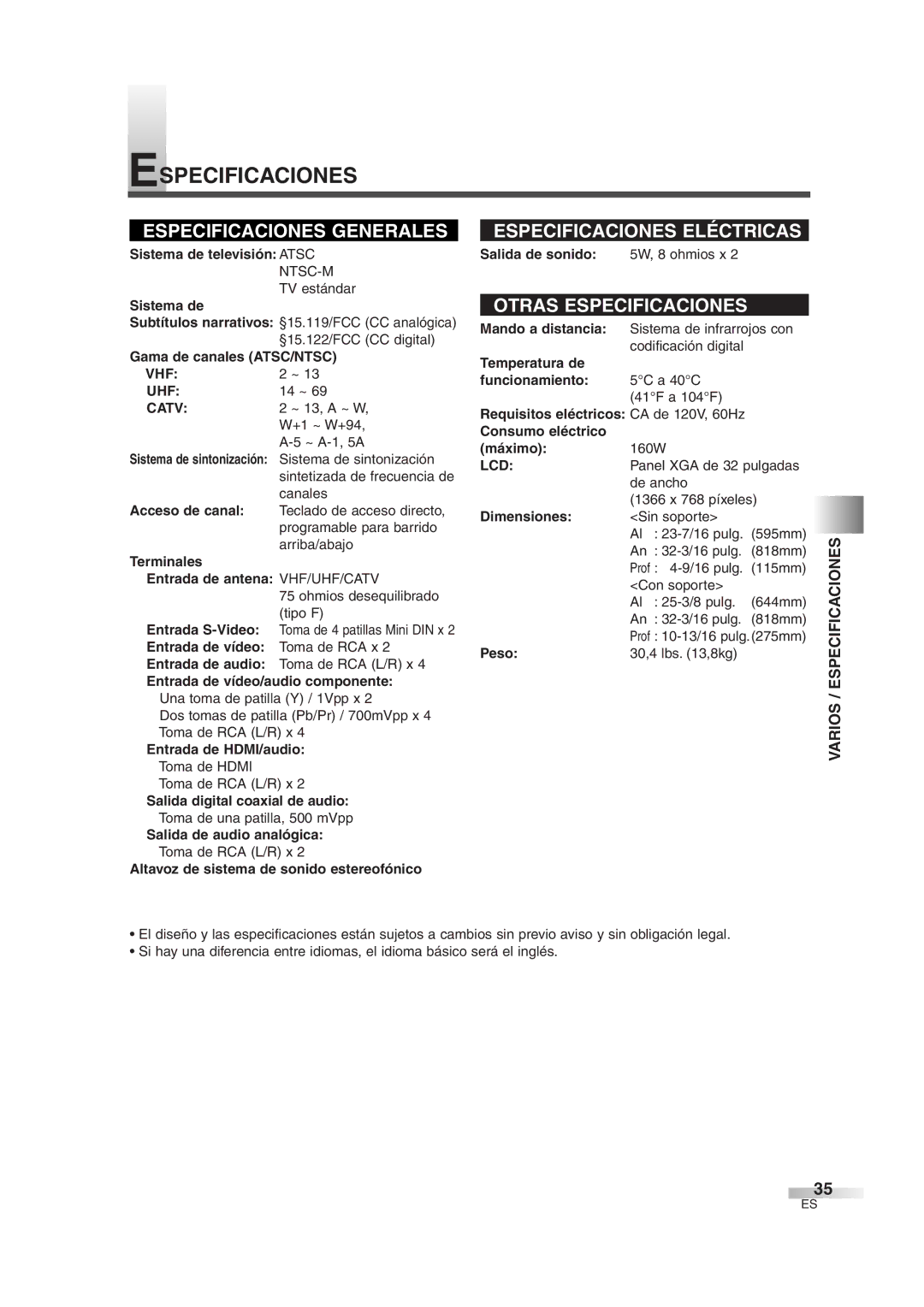 Sylvania 6632LG owner manual Varios / Especificaciones 