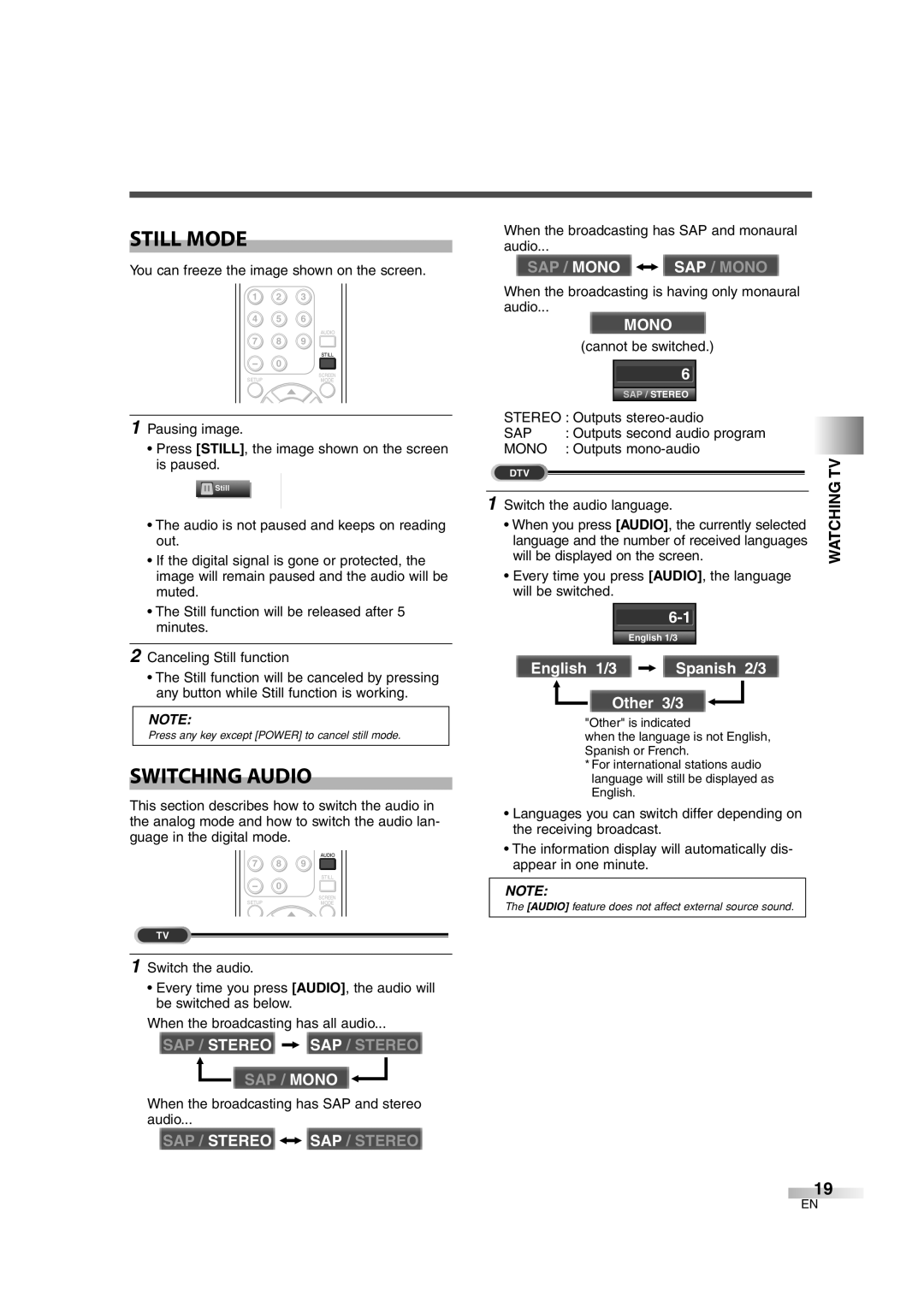 Sylvania 6632LG owner manual Still Mode, Switching Audio 