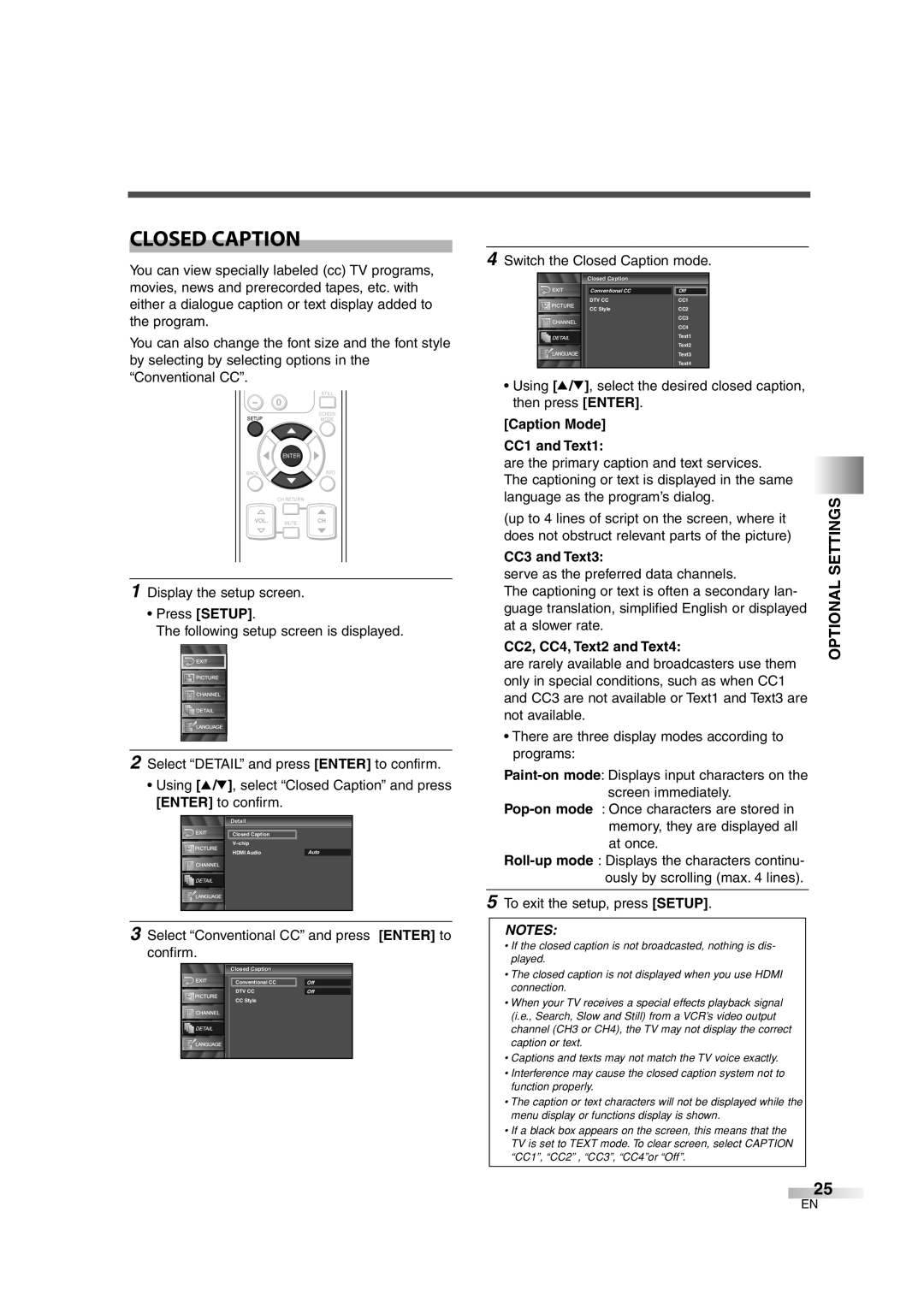 Sylvania 6632LG owner manual Closed Caption, Caption Mode CC1 and Text1, CC3 and Text3, CC2, CC4, Text2 and Text4 