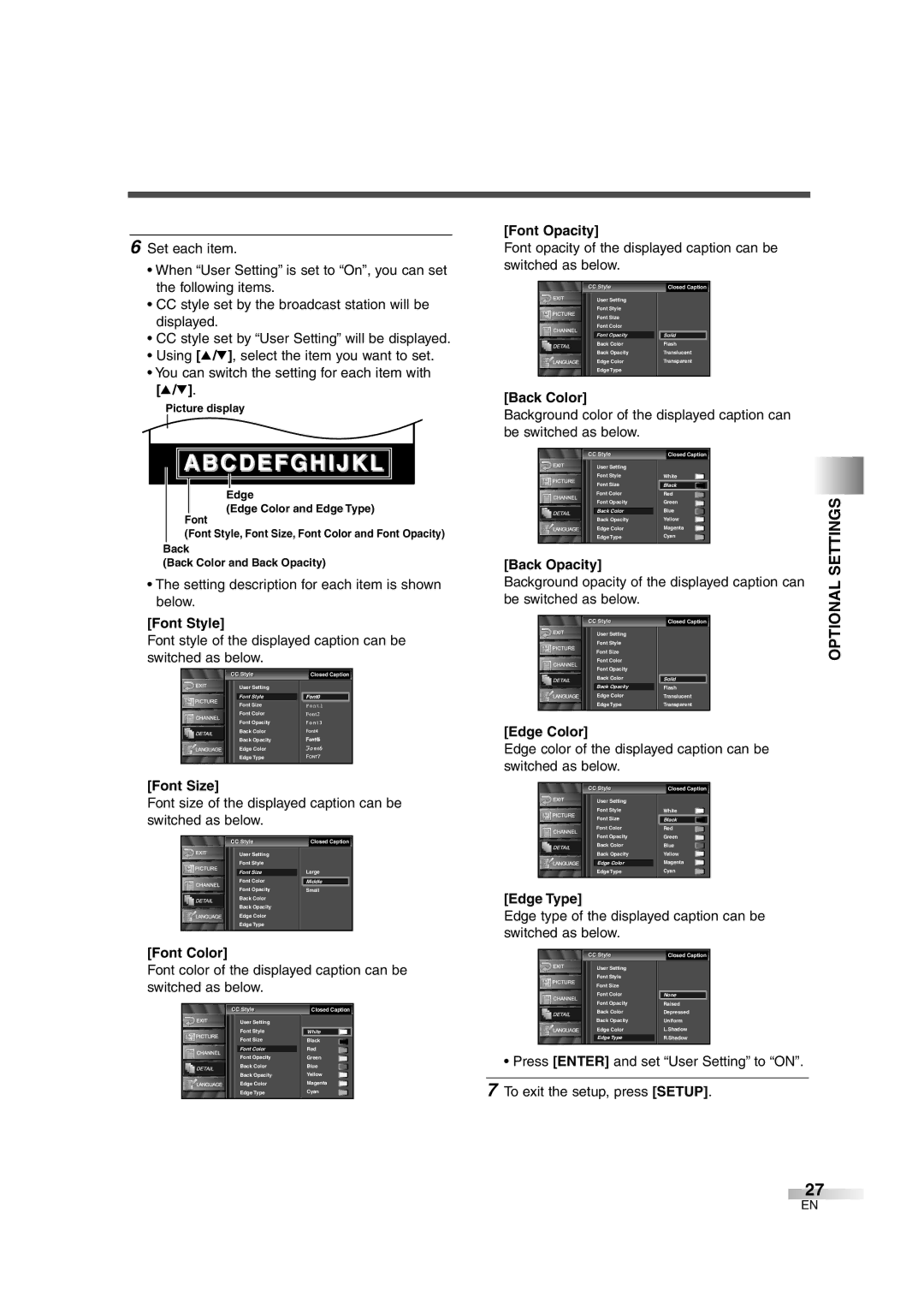 Sylvania 6632LG owner manual Optional Settings 