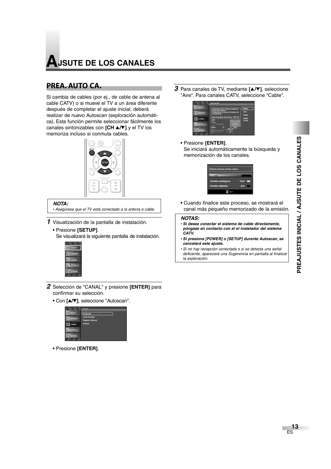 Sylvania 6632LG owner manual Ajsute DE LOS Canales PREA. Auto CA, Preajustes Inicial, Presione Enter 