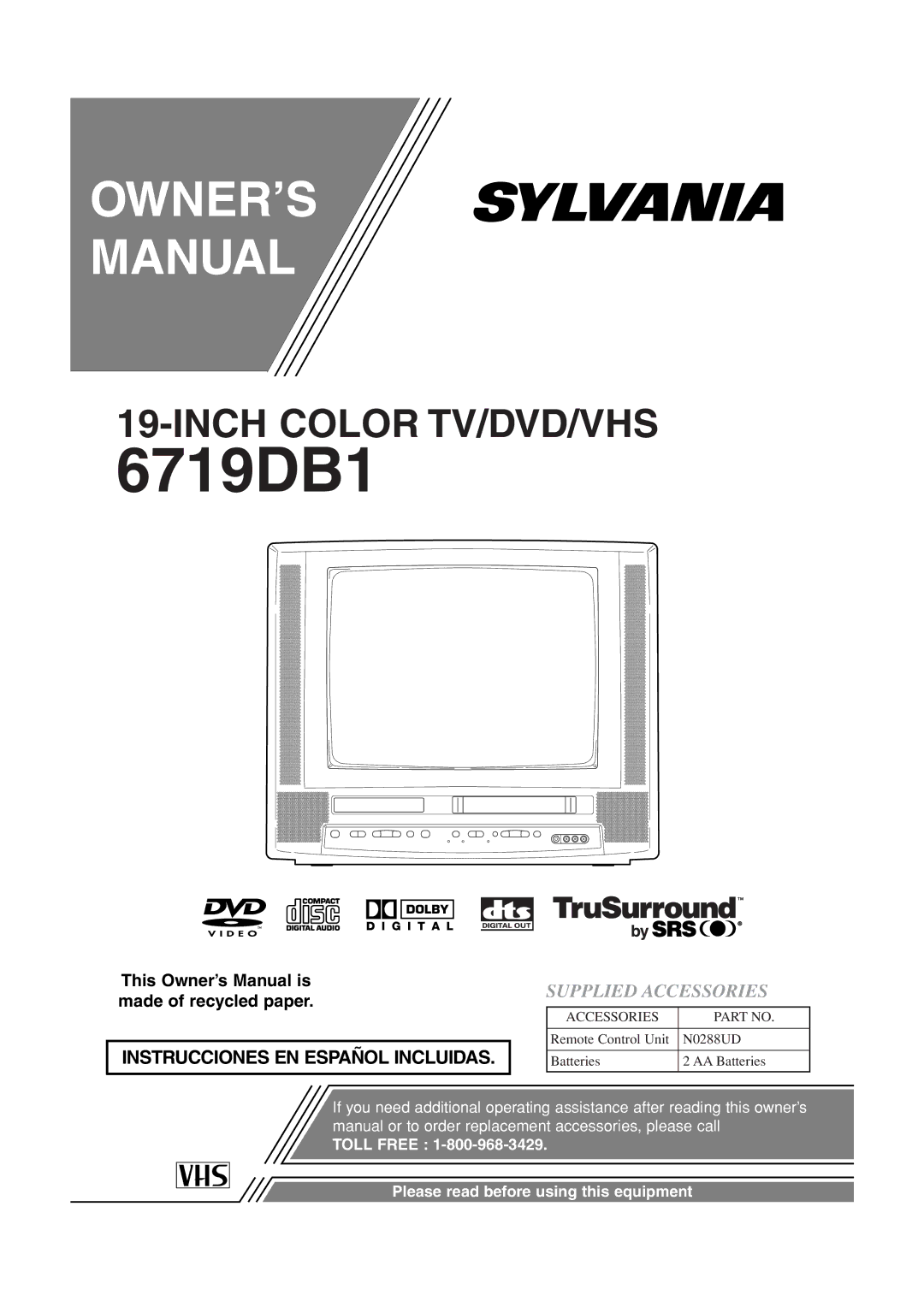 Sylvania 6719DB1 owner manual Supplied Accessories 