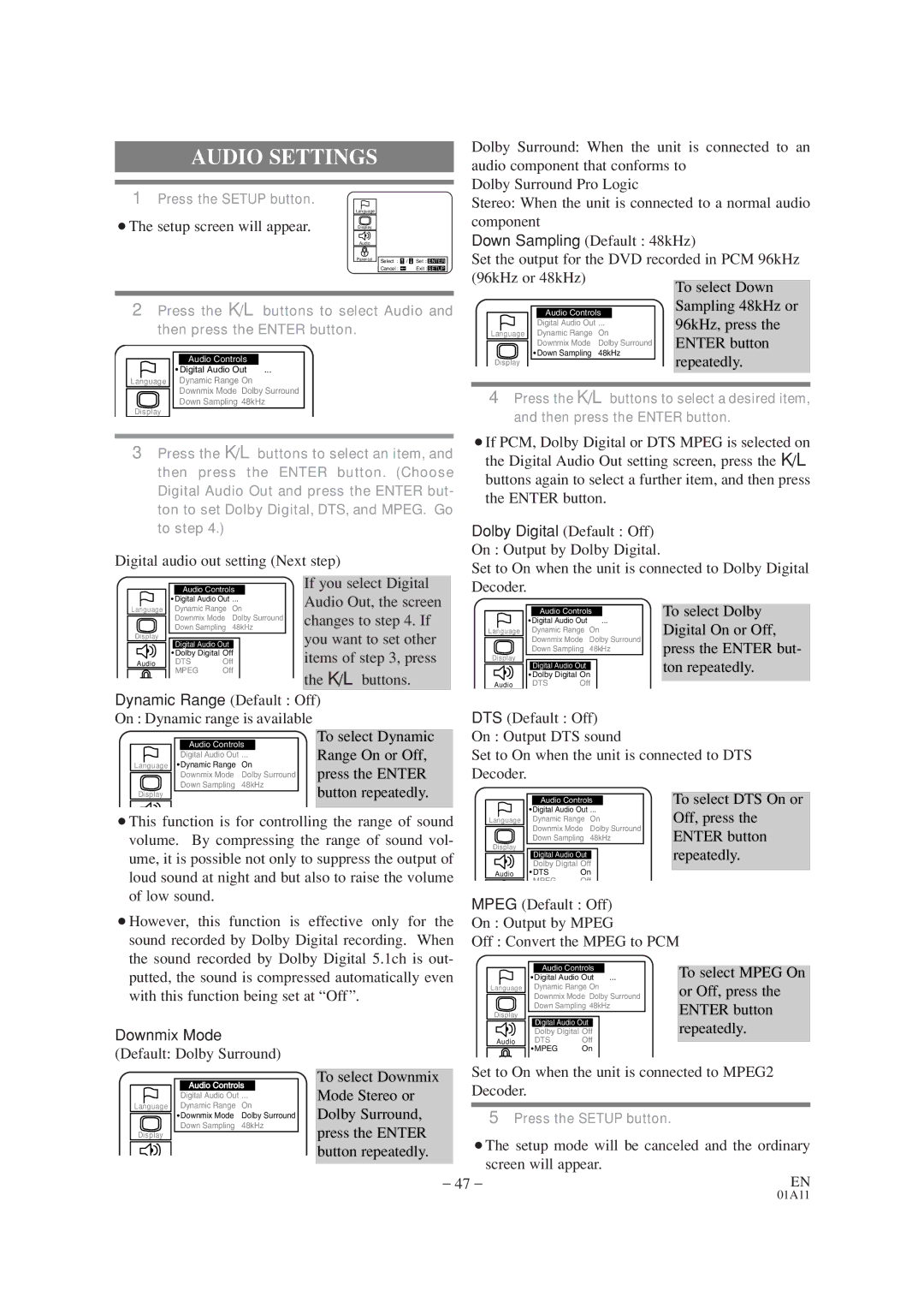 Sylvania 6719DB1 owner manual Audio Settings, ¡The setup screen will appear 