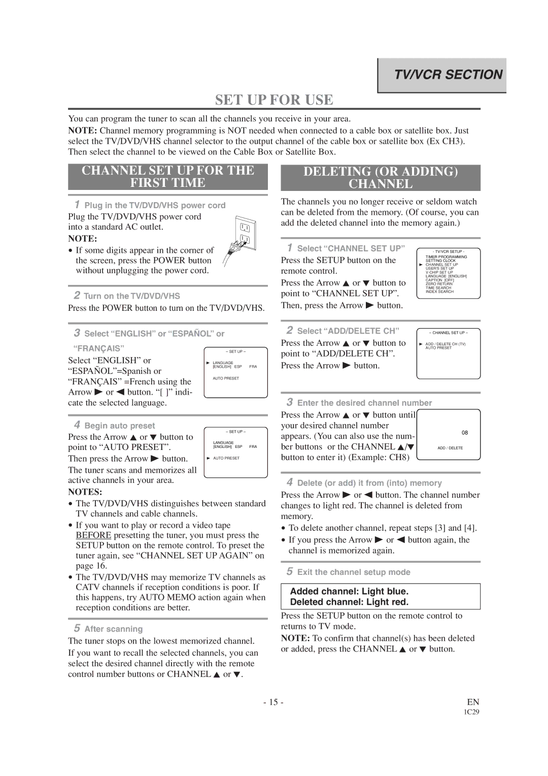 Sylvania 6719DC, 6727DC owner manual SET UP for USE, Channel SET UP for First Time, Deleting or Adding Channel 