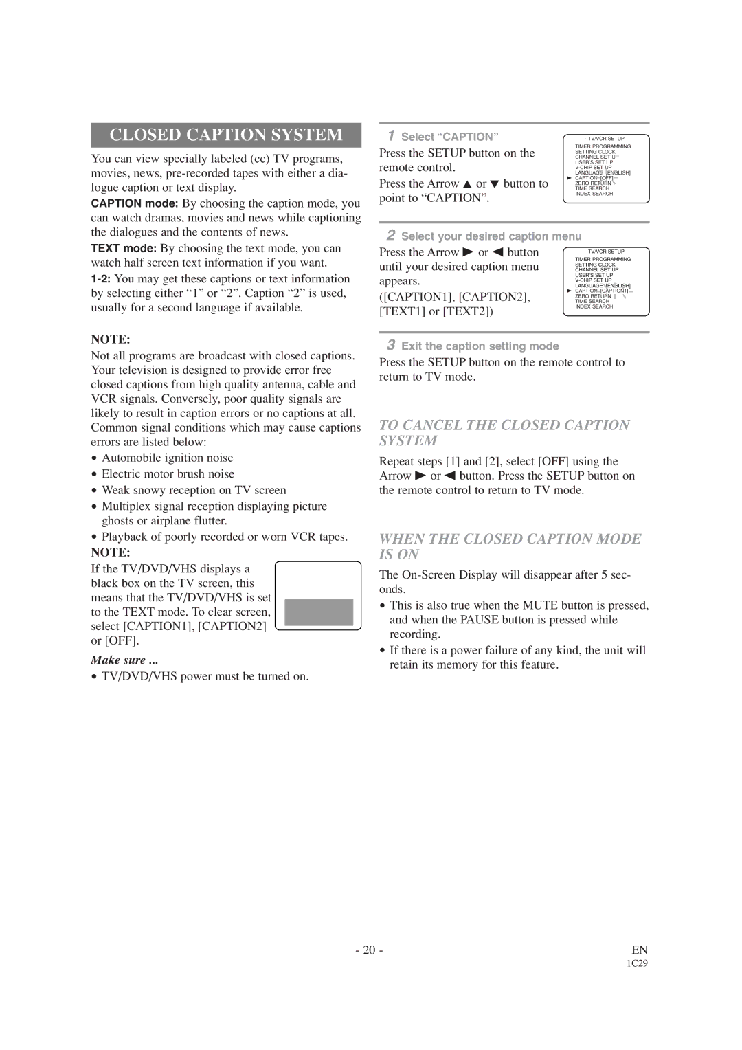 Sylvania 6719DC, 6727DC To Cancel the Closed Caption System, When the Closed Caption Mode is on, CAPTION1, CAPTION2 