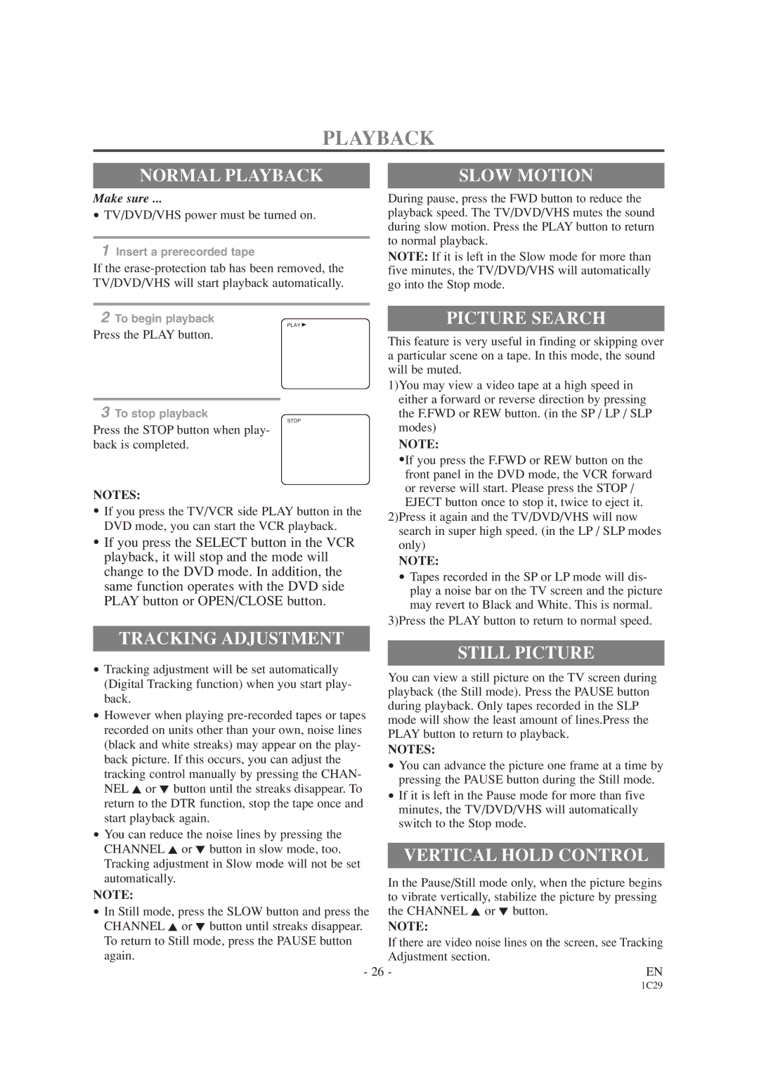 Sylvania 6719DC, 6727DC owner manual Playback 