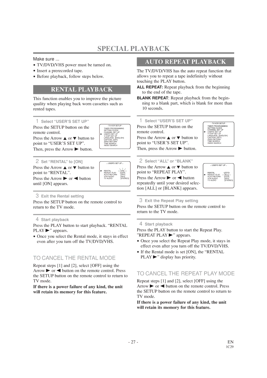 Sylvania 6719DC, 6727DC owner manual Special Playback, Rental Playback, Auto Repeat Playback, To Cancel the Rental Mode 