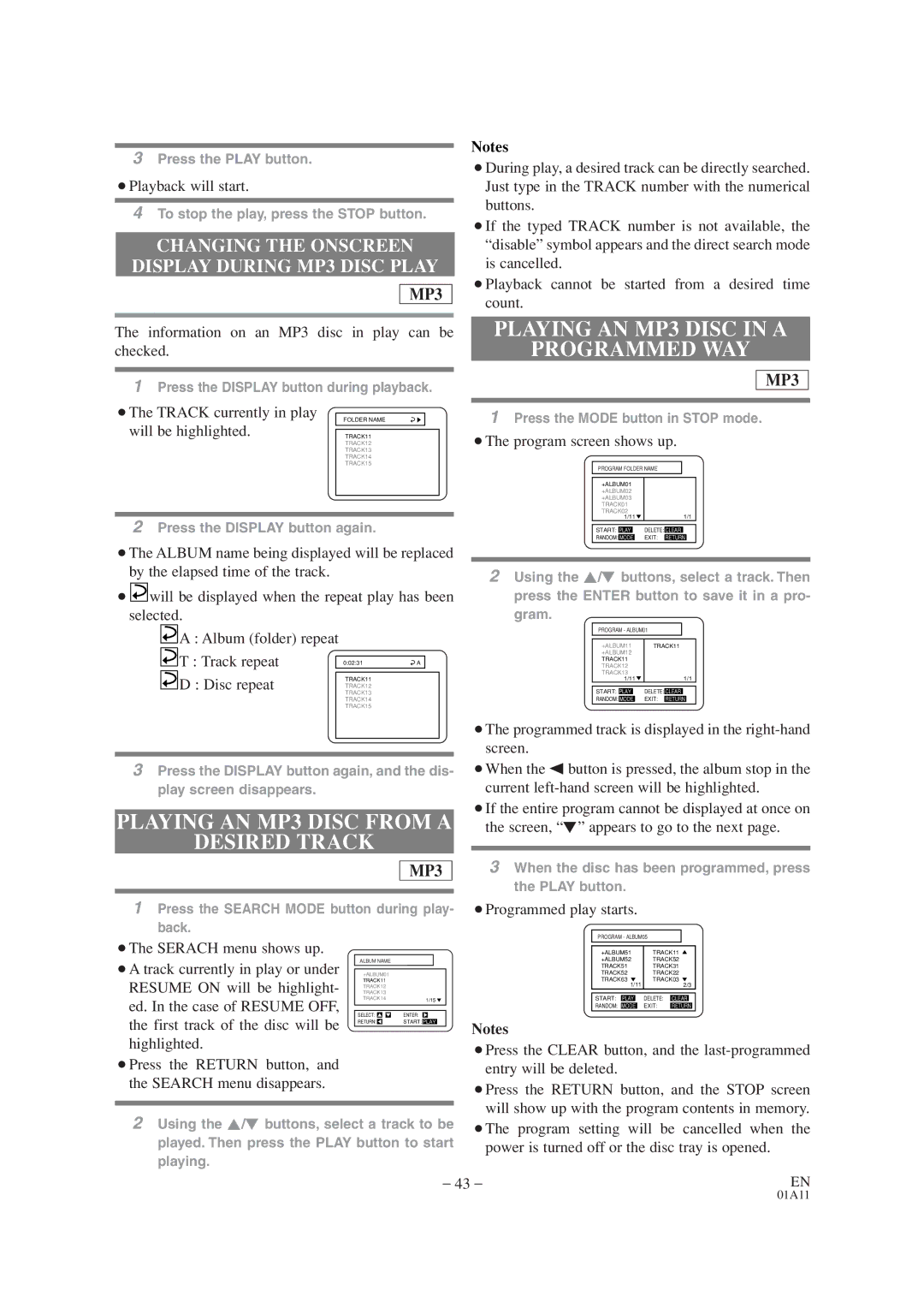 Sylvania 6719DC, 6727DC owner manual Playing AN MP3 Disc from a Desired Track, Playing AN MP3 Disc in a Programmed WAY 