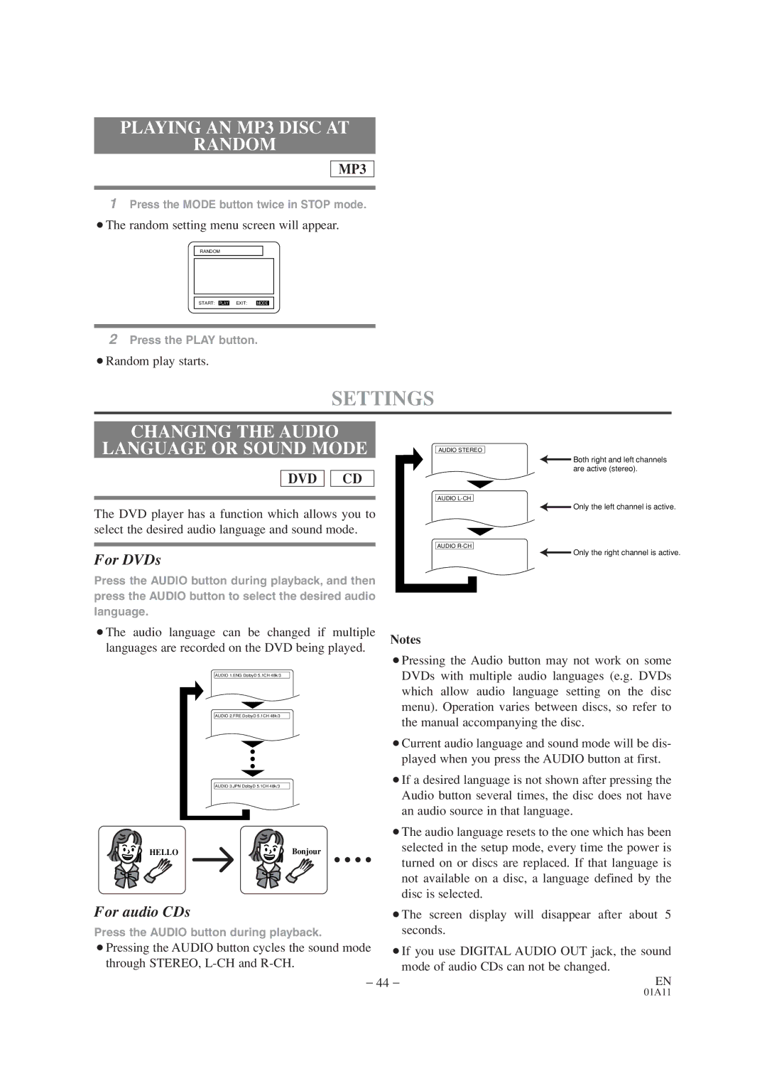 Sylvania 6719DC, 6727DC Playing AN MP3 Disc AT Random, Changing the Audio Language or Sound Mode, ¡Random play starts 