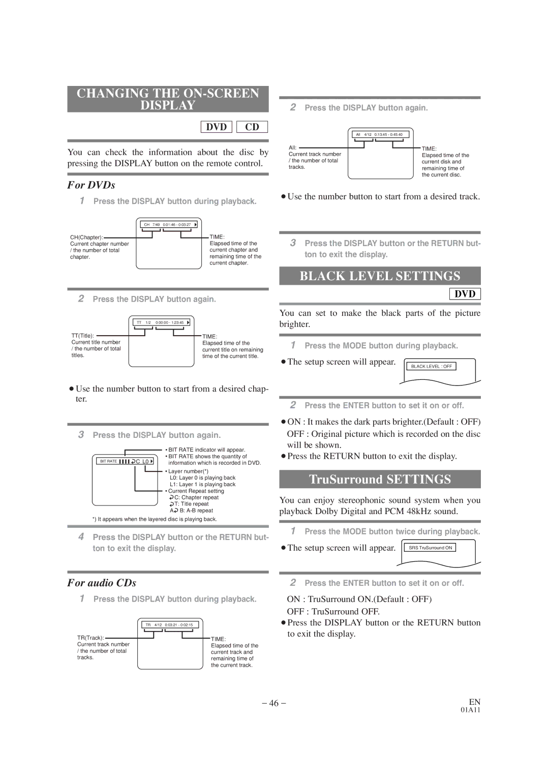 Sylvania 6719DC, 6727DC owner manual Changing the ON-SCREEN Display, Black Level Settings 