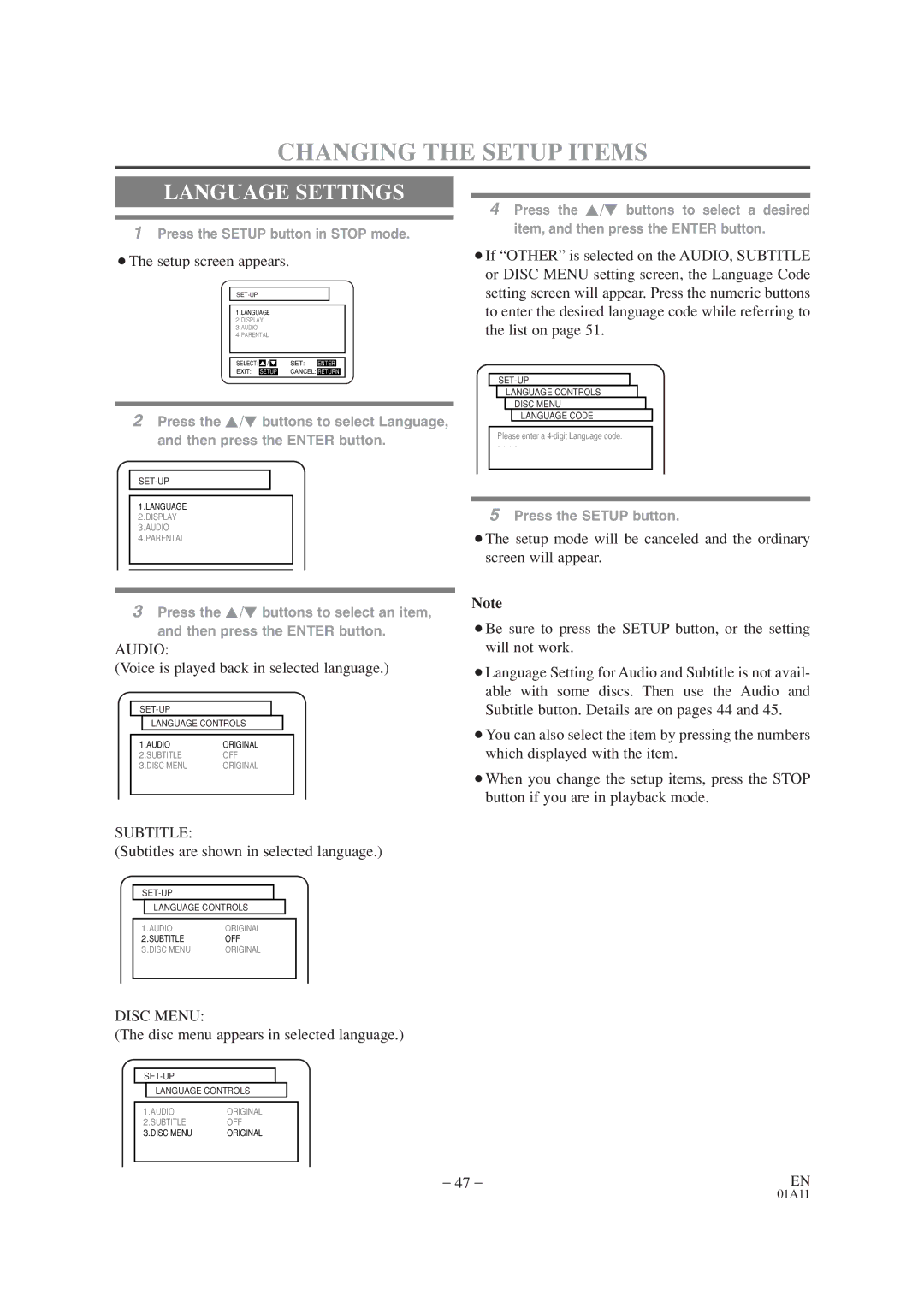 Sylvania 6719DC, 6727DC owner manual Language Settings, Audio, Subtitle, Disc Menu 