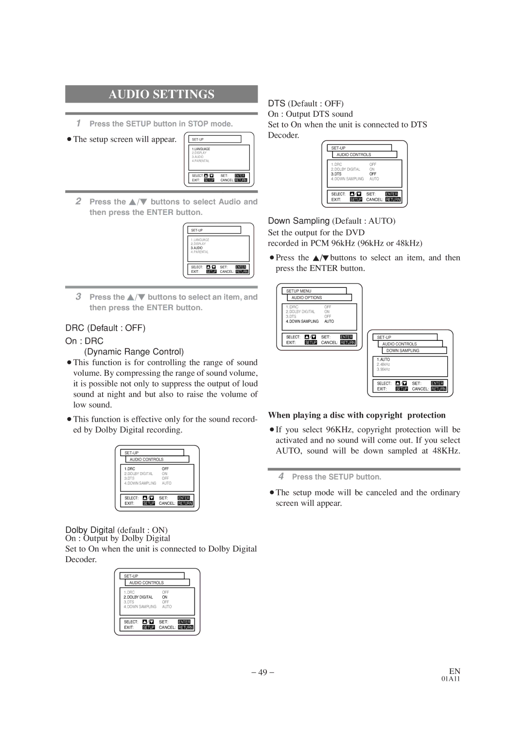 Sylvania 6719DC, 6727DC owner manual Audio Settings, When playing a disc with copyright protection 