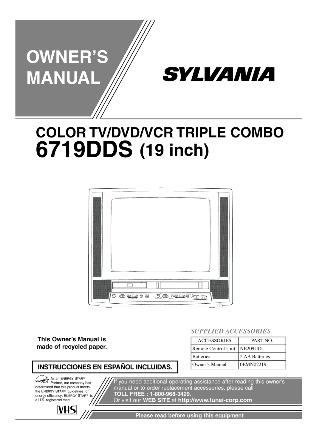 Sylvania 6719DDS owner manual OWNER’S Manual, Supplied Accessories 