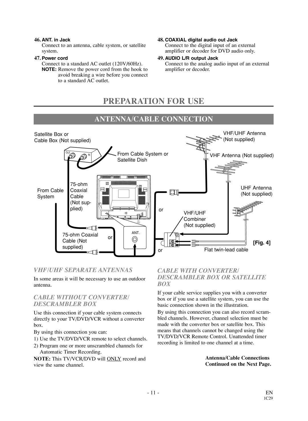 Sylvania 6719DDS owner manual Preparation for USE, ANTENNA/CABLE Connection, VHF/UHF Separate Antennas 