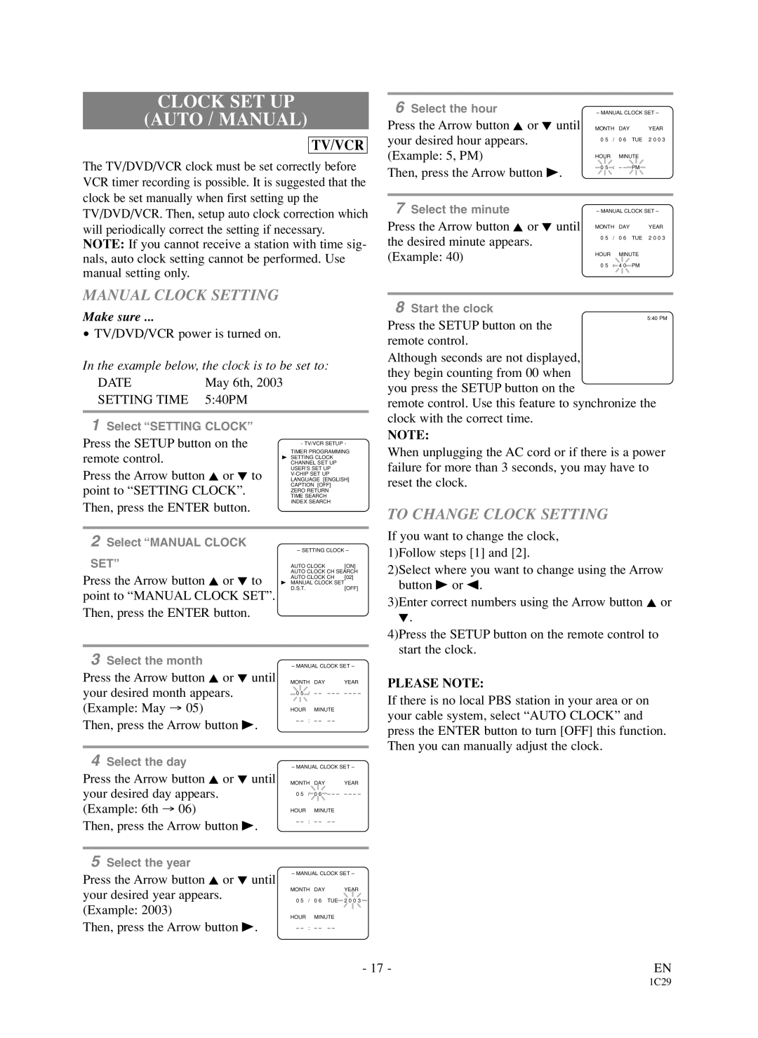 Sylvania 6719DDS owner manual Clock SET UP Auto / Manual, Manual Clock Setting, To Change Clock Setting, Please Note 