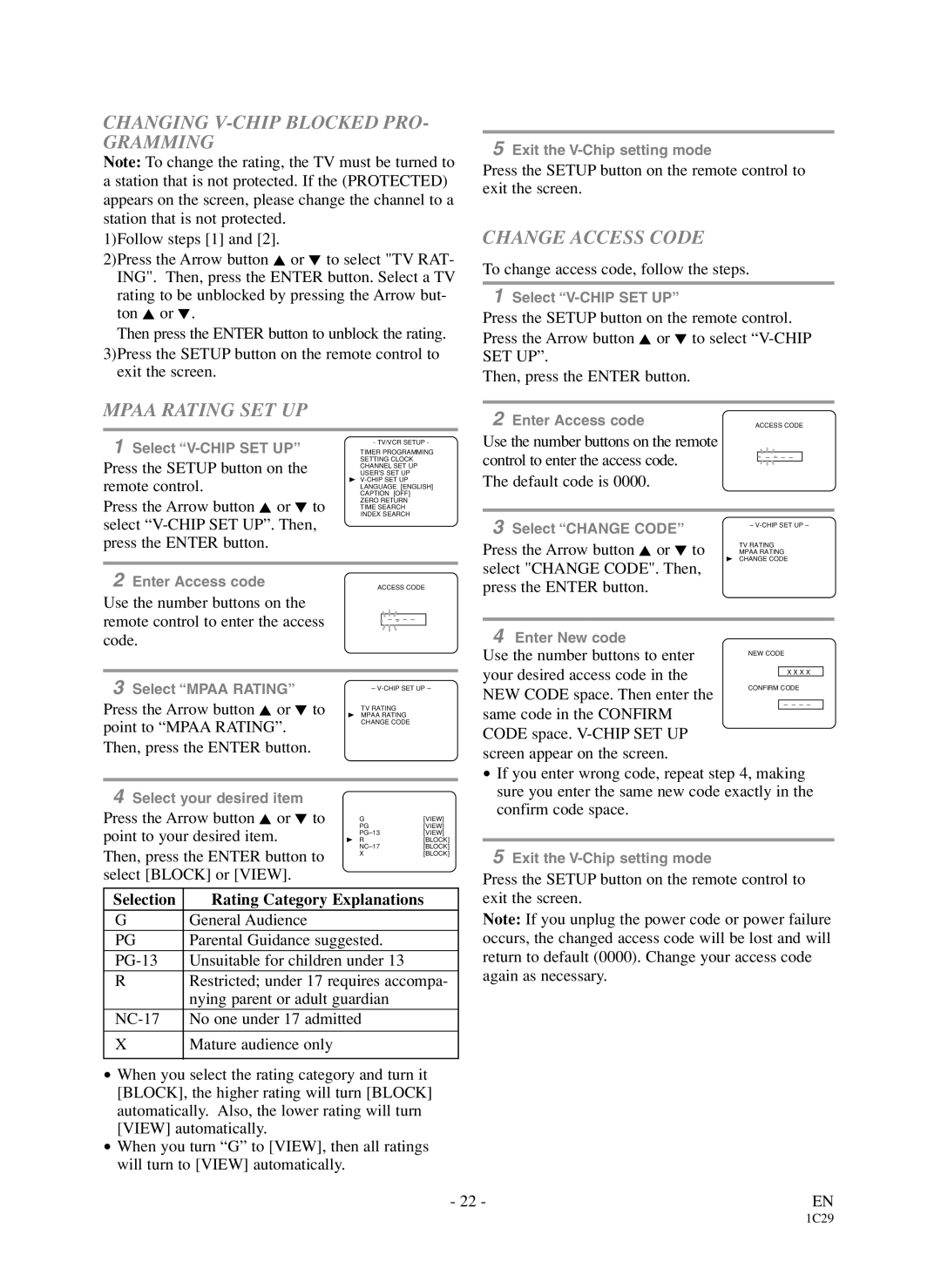 Sylvania 6719DDS owner manual Changing V-CHIP Blocked PRO- Gramming, Mpaa Rating SET UP, Change Access Code 