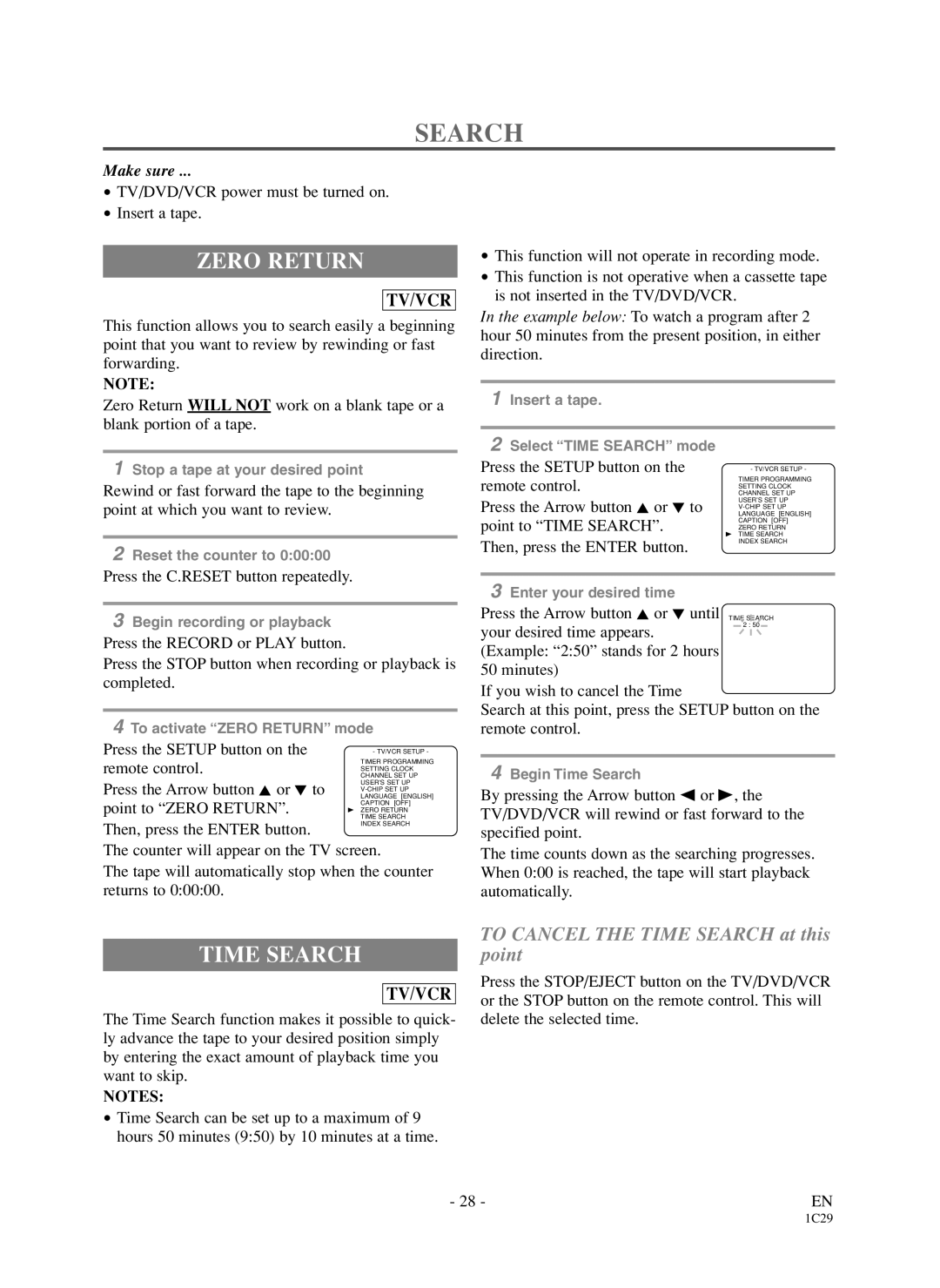 Sylvania 6719DDS owner manual Zero Return, Time Search 