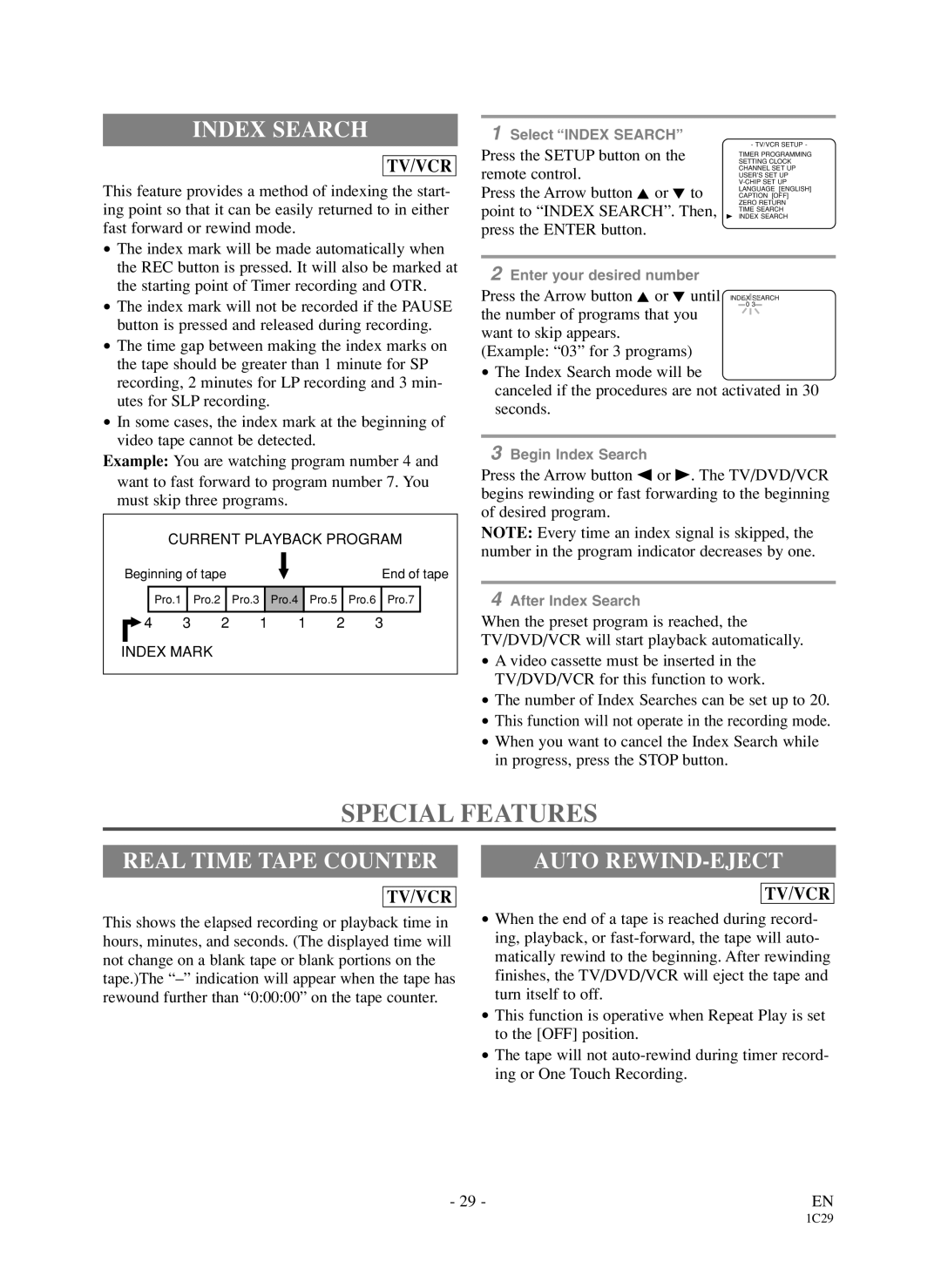 Sylvania 6719DDS Special Features, Index Search, Real Time Tape Counter, Auto REWIND-EJECT, Point to Index SEARCH. Then 