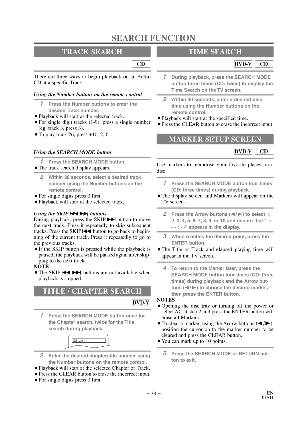 Sylvania 6719DDS owner manual Search Function, Track Search, Title / Chapter Search, Marker Setup Screen 