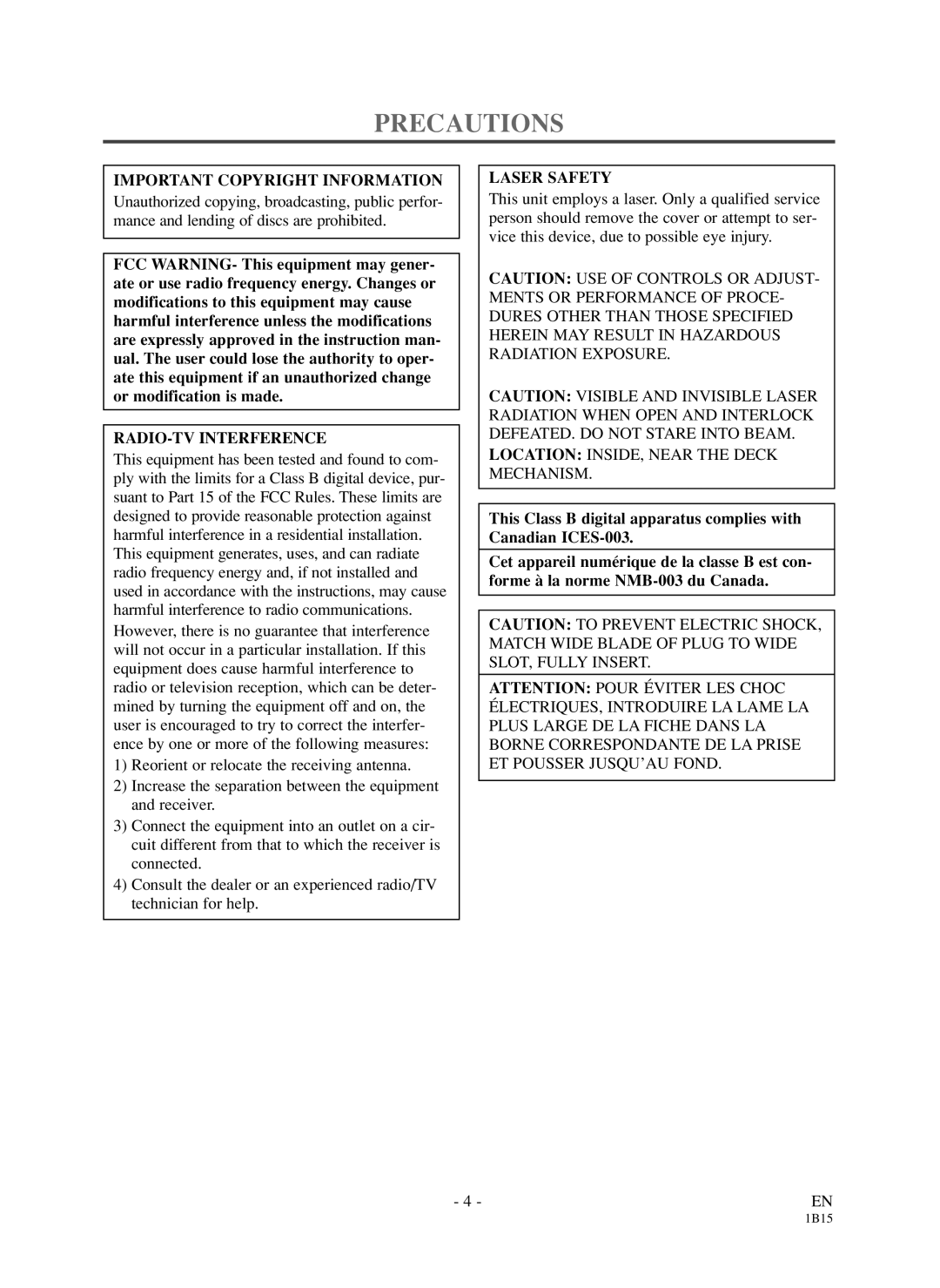 Sylvania 6719DDS owner manual Precautions, Important Copyright Information, RADIO-TV Interference, Laser Safety 