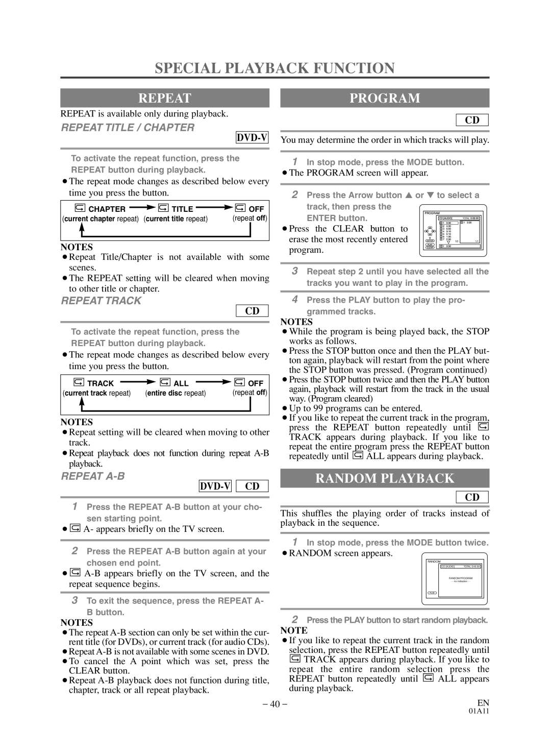 Sylvania 6719DDS owner manual Special Playback Function, Repeatprogram, Random Playback 