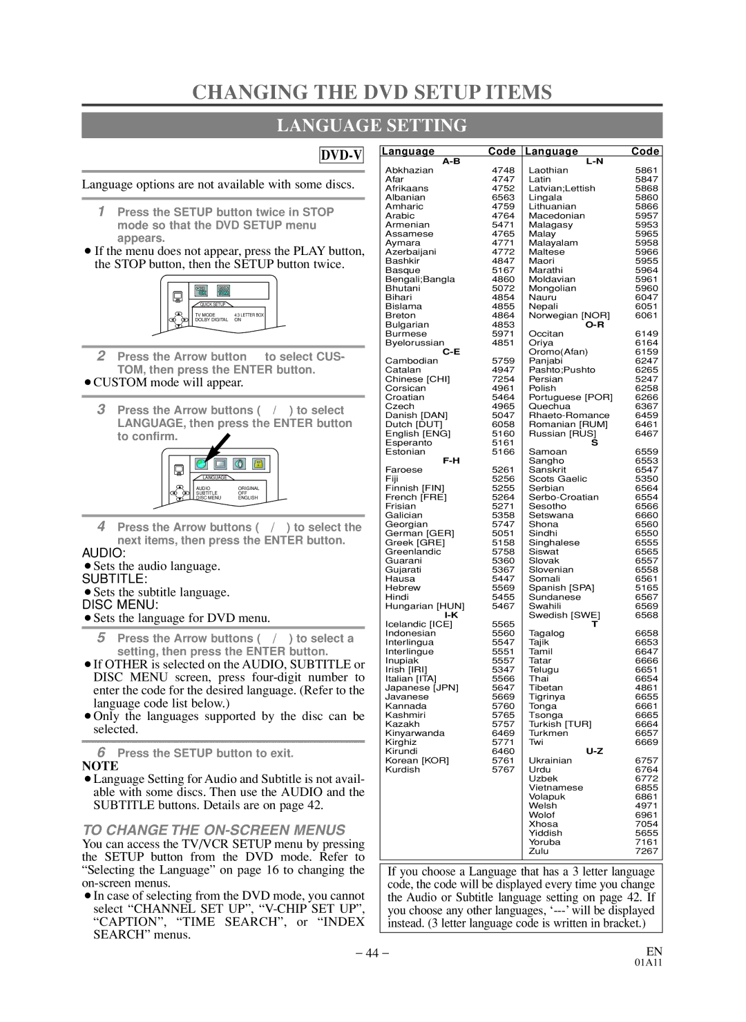 Sylvania 6719DDS owner manual Changing the DVD Setup Items, Language Setting 