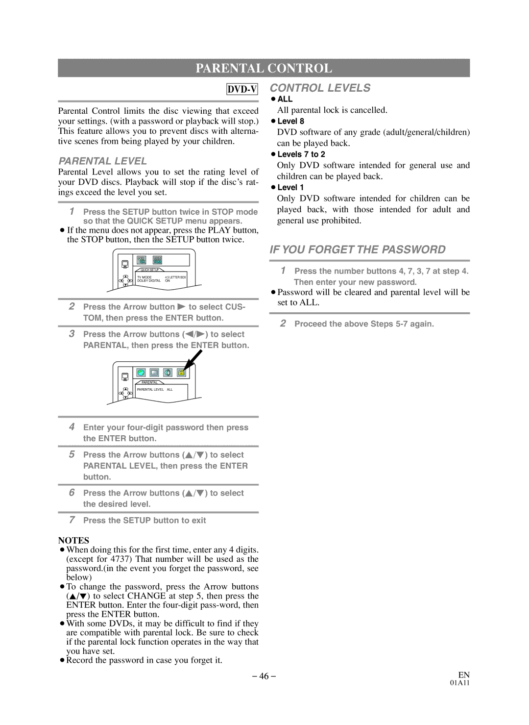 Sylvania 6719DDS owner manual Parental Control, All parental lock is cancelled 