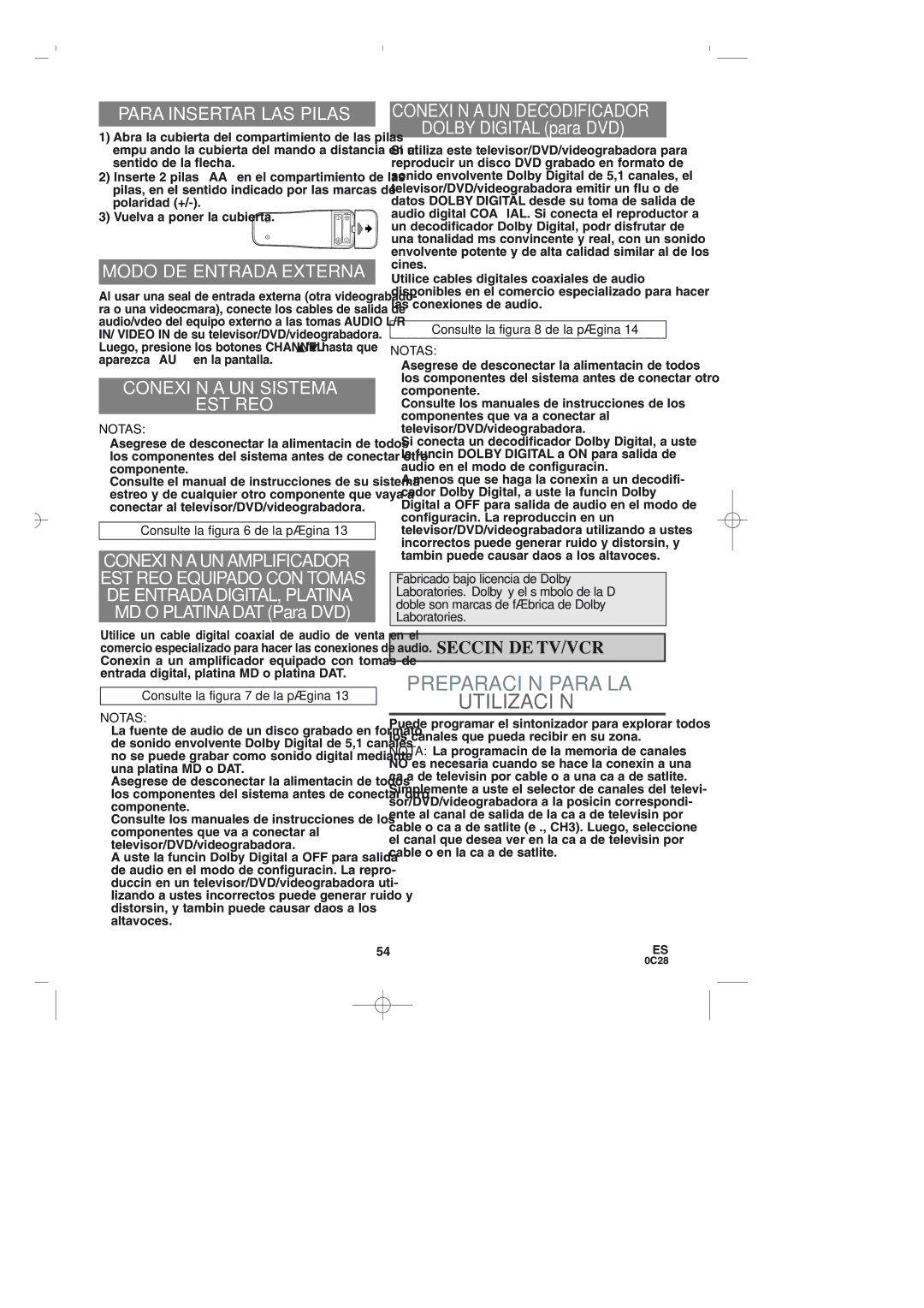 Sylvania 6719DDS owner manual Para Insertar LAS Pilas, Modo DE Entrada Externa, Conexión a UN Sistema Estéreo, Notas 