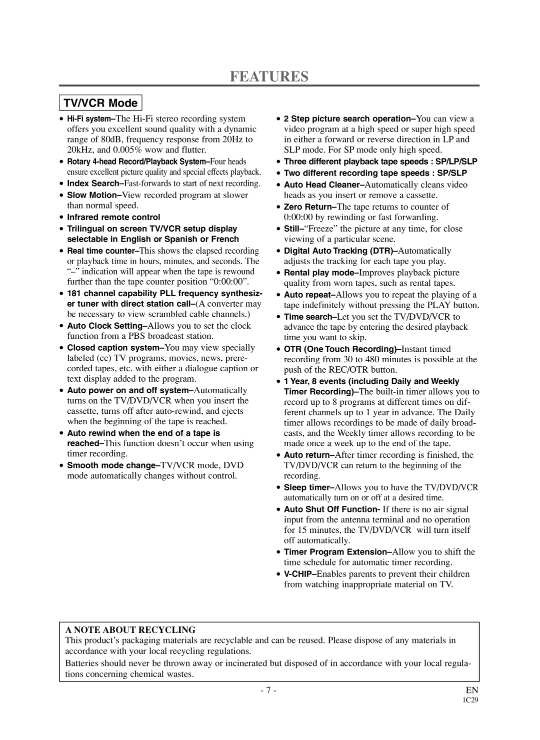 Sylvania 6719DDS owner manual Features, TV/VCR Mode 