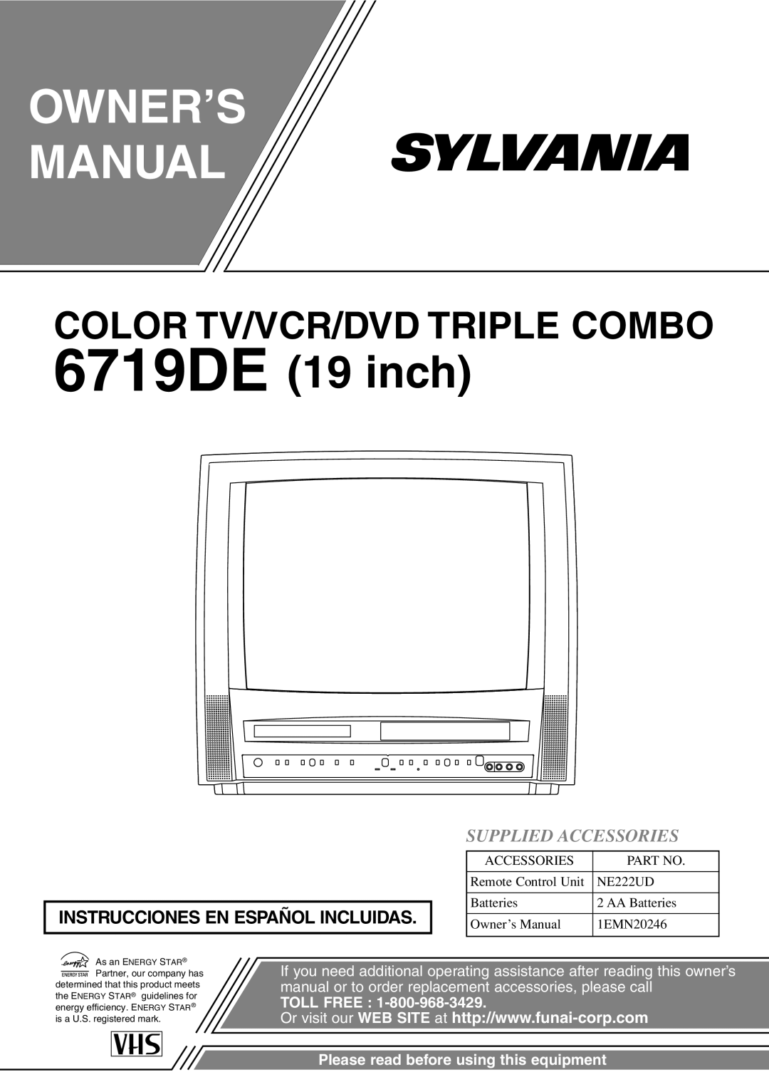 Sylvania 6719DE owner manual OWNER’S Manual, Supplied Accessories 