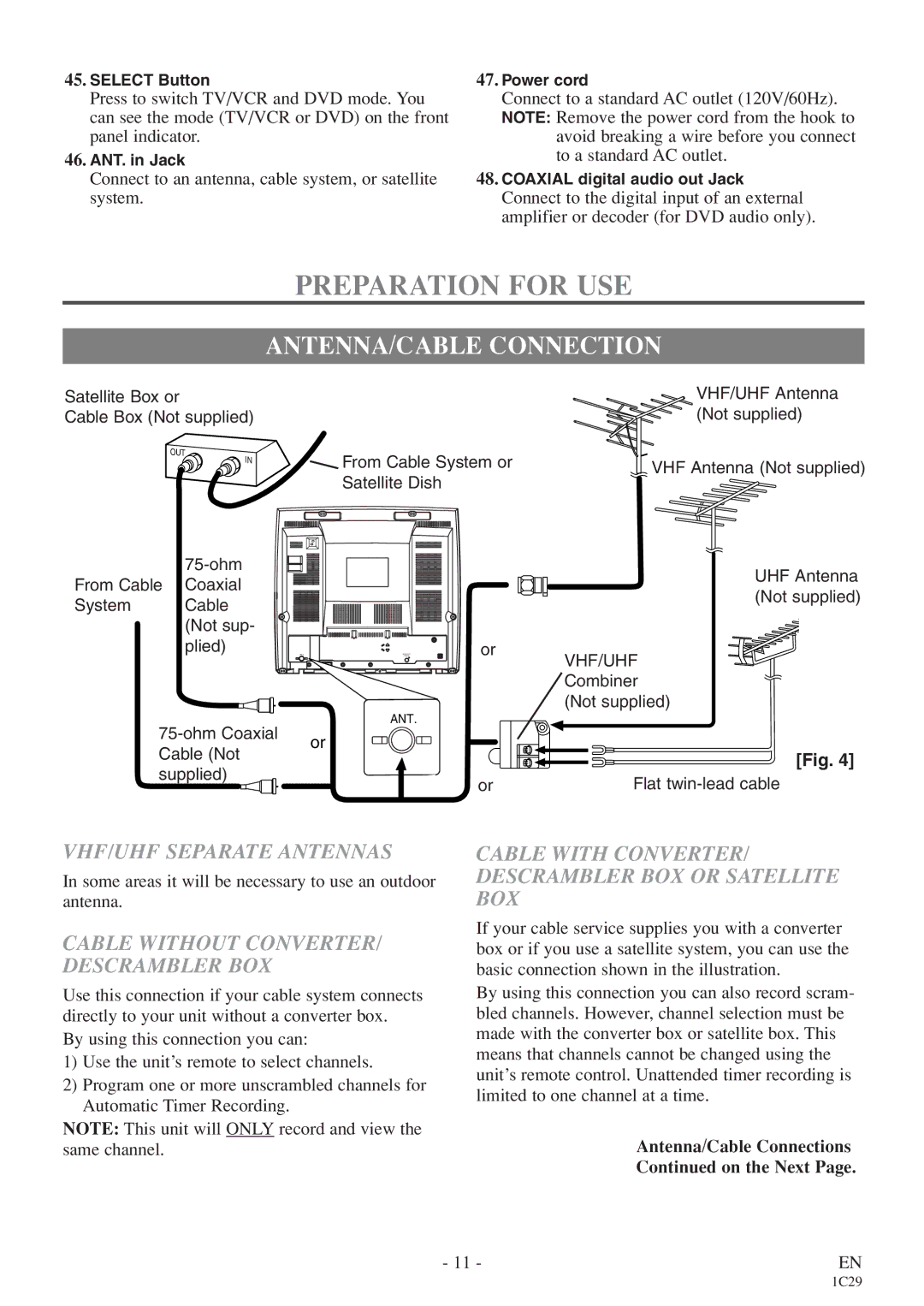 Sylvania 6719DE owner manual Preparation for USE, ANTENNA/CABLE Connection, VHF/UHF Separate Antennas 