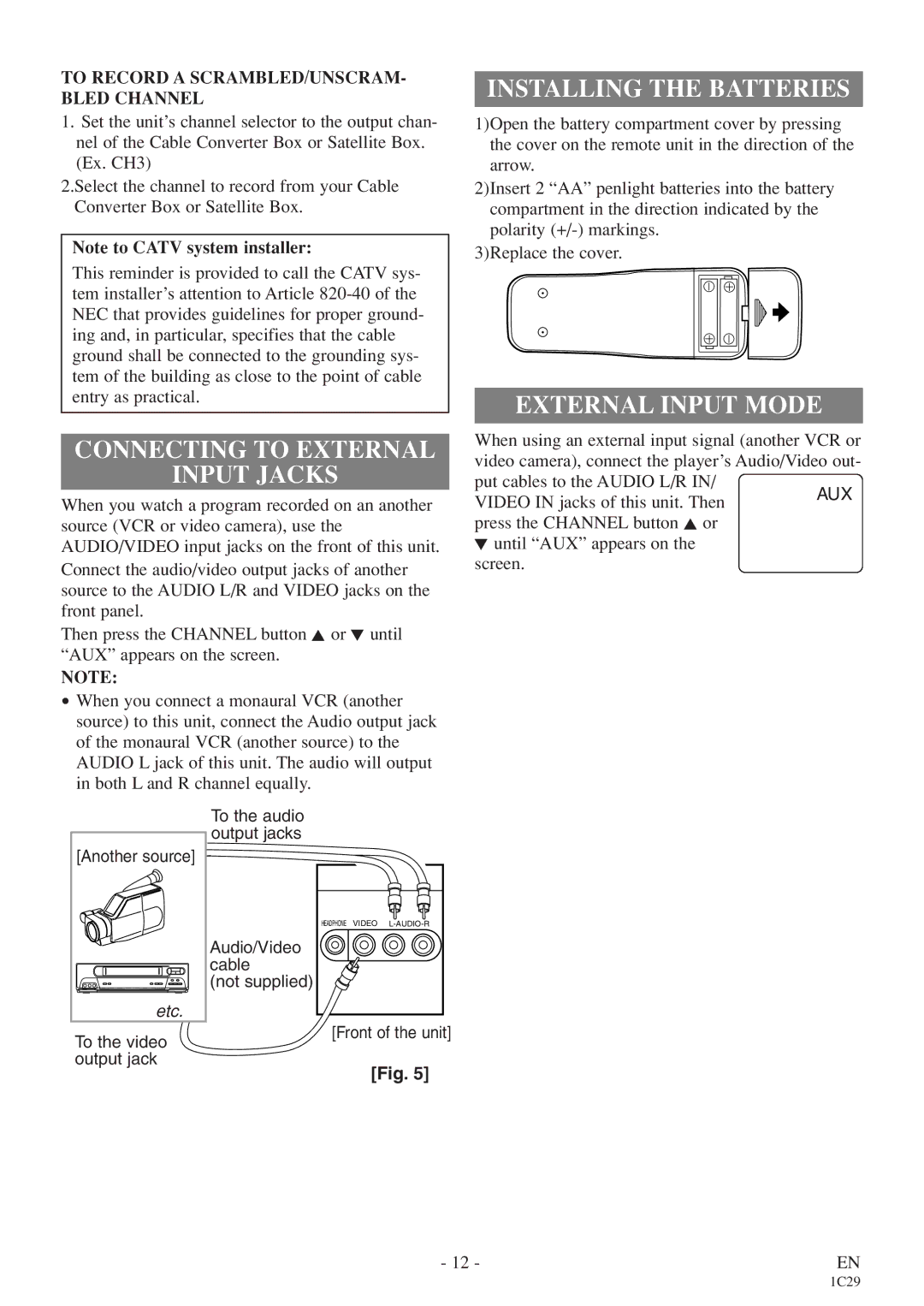 Sylvania 6719DE owner manual Connecting to External Input Jacks, Installing the Batteries, External Input Mode 