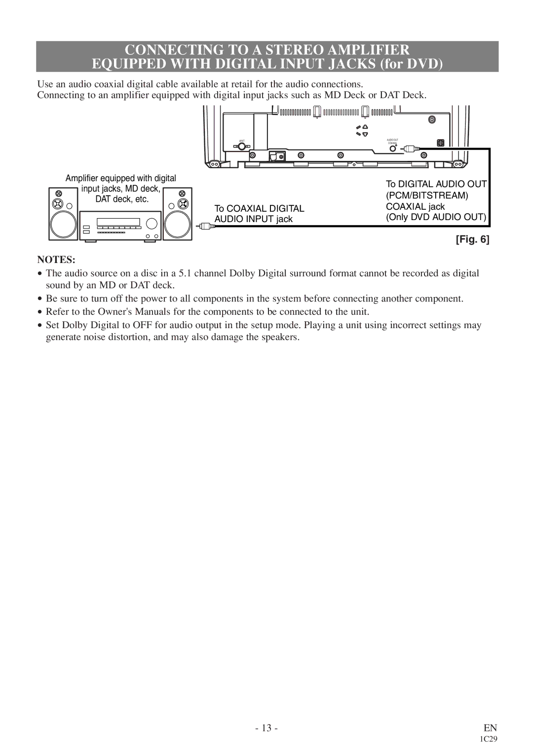 Sylvania 6719DE owner manual Connecting to a Stereo Amplifier, Equipped with Digital Input Jacks for DVD 