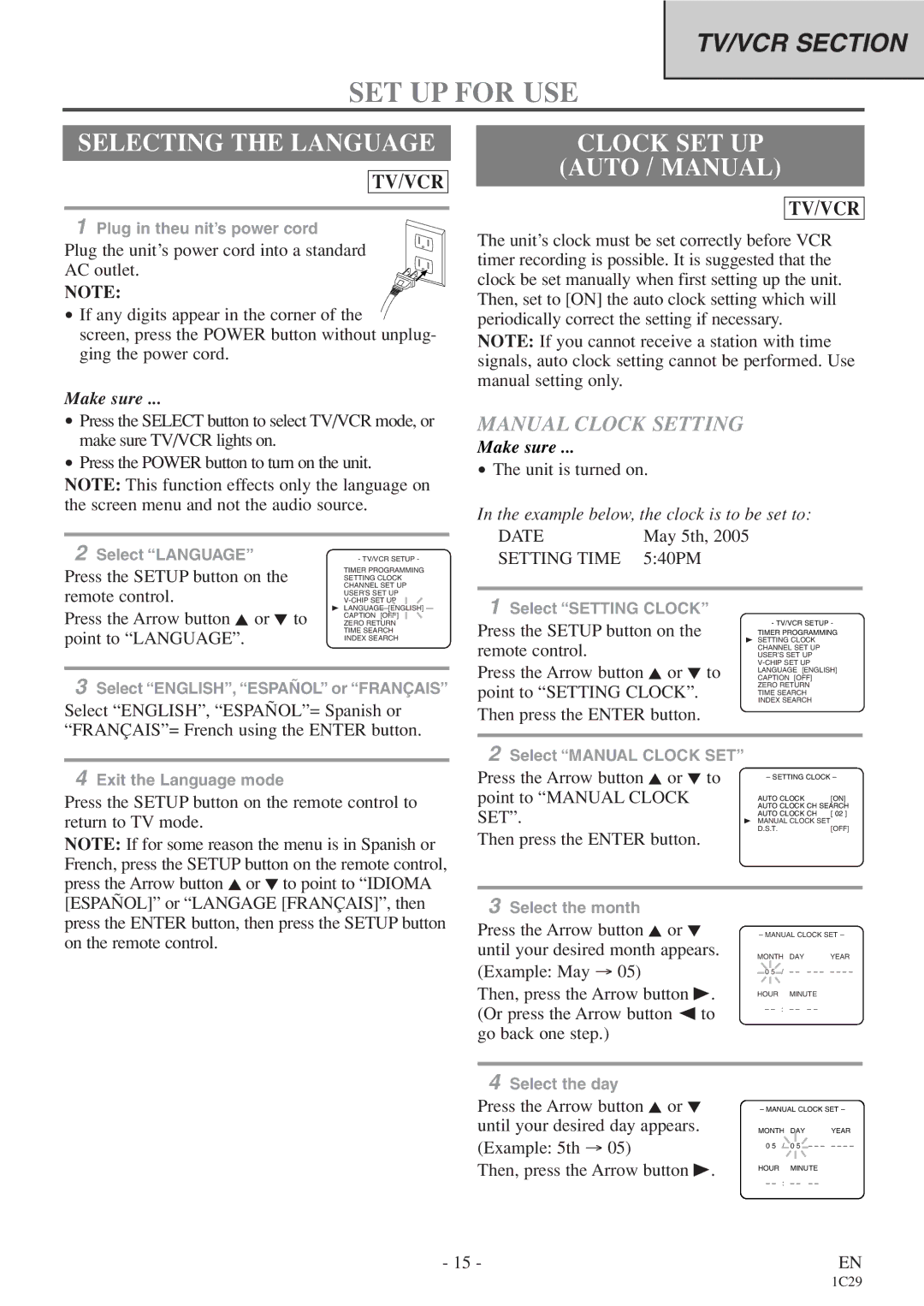 Sylvania 6719DE owner manual SET UP for USE, Selecting the Language, Clock SET UP Auto / Manual, Manual Clock Setting 