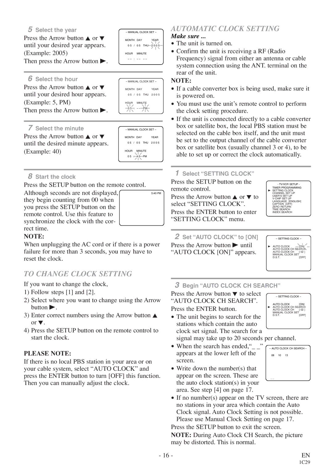 Sylvania 6719DE owner manual Automatic Clock Setting, To Change Clock Setting, Auto Clock CH Search, Please Note 