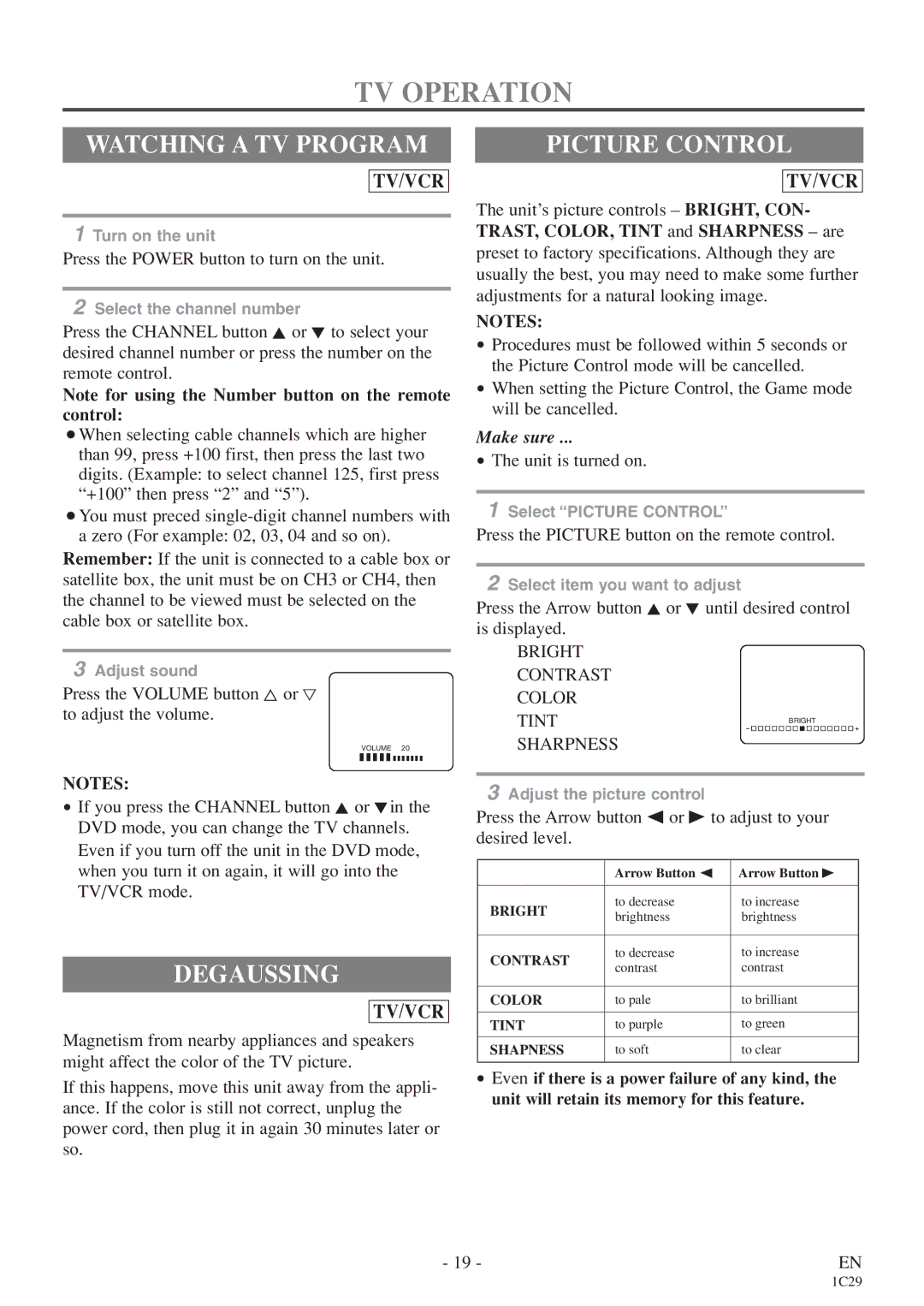 Sylvania 6719DE owner manual TV Operation, Watching a TV Program, Degaussing, Picture Control 