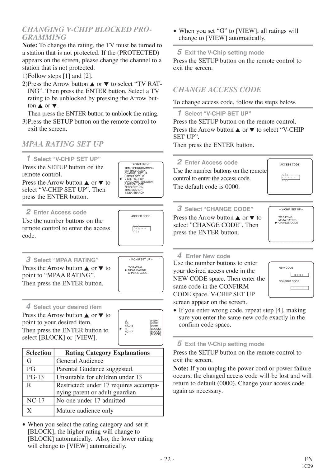 Sylvania 6719DE owner manual Changing V-CHIP Blocked PRO- Gramming, Change Access Code, Mpaa Rating SET UP 